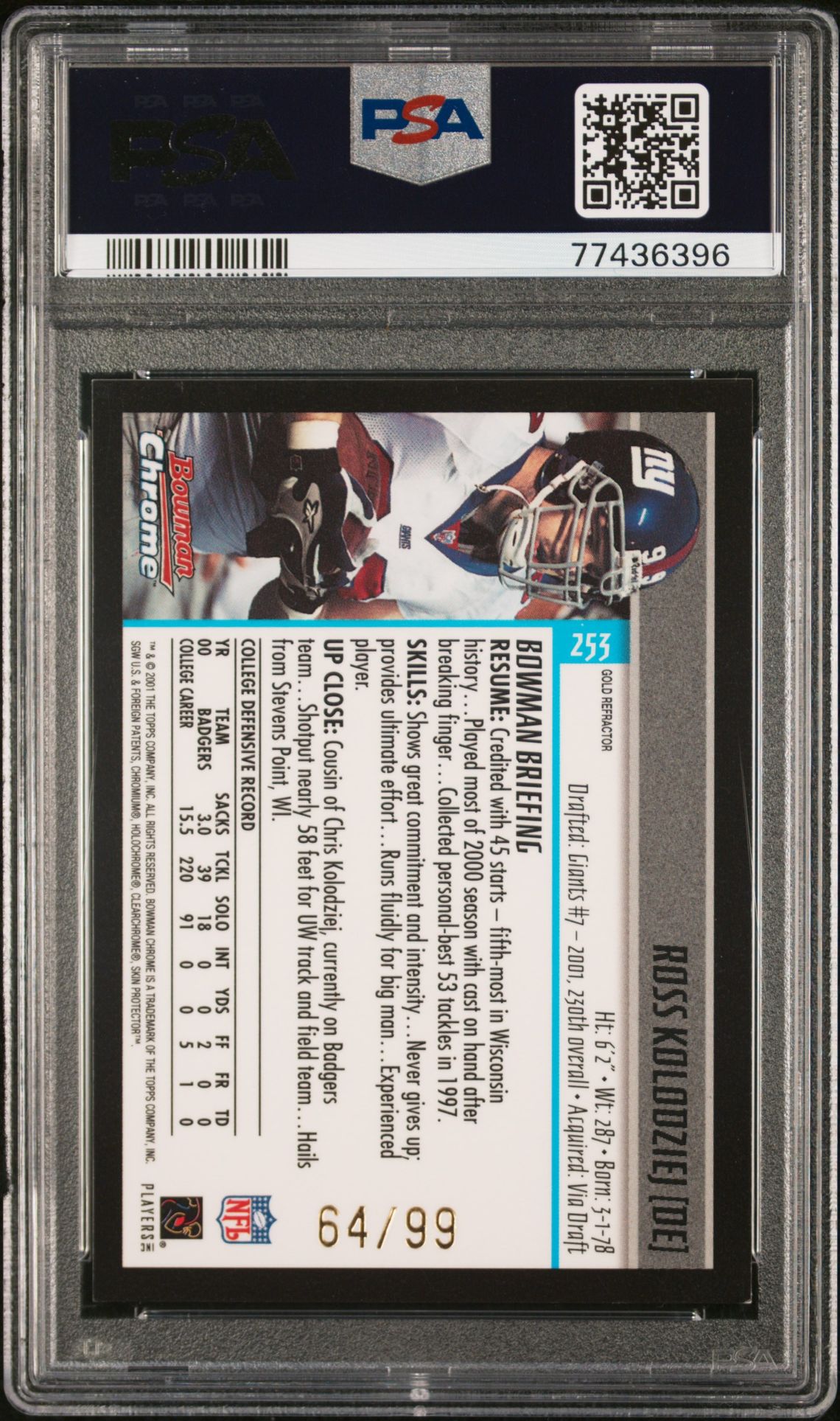 2001 Bowman Chrome Ross Kolodziej #253 (Gold Refractor) Nm-Mt 8 back