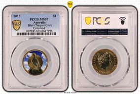 2015 $1 Blue Chequer Cock Colorized MS67