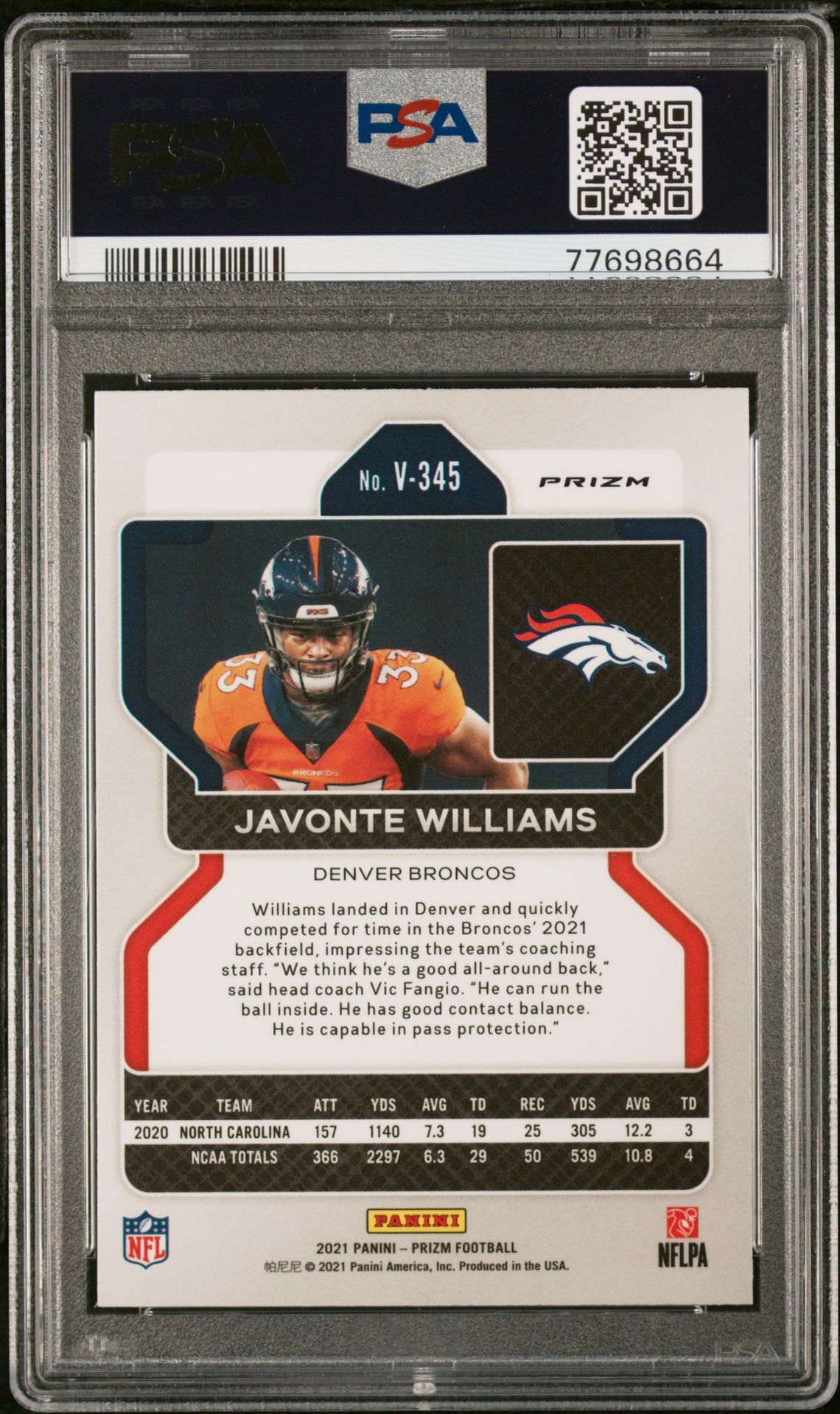 2021 Panini Prizm Javonte Williams #V345 (Variation-Silver Prizm) Gem Mt 10 back
