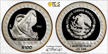 1992-Mo 100 P Guerrero Aguila  KM-556  Ag PR69DCAM