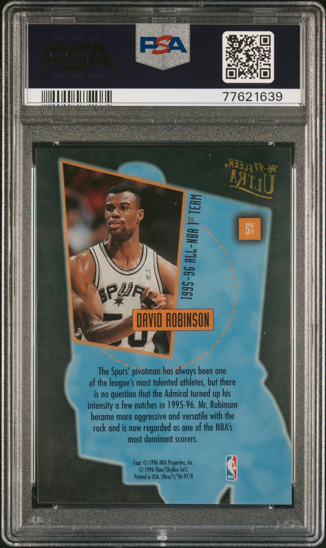 1996 Ultra Court Masters David Robinson #5 (Court Masters) Mint 9 back