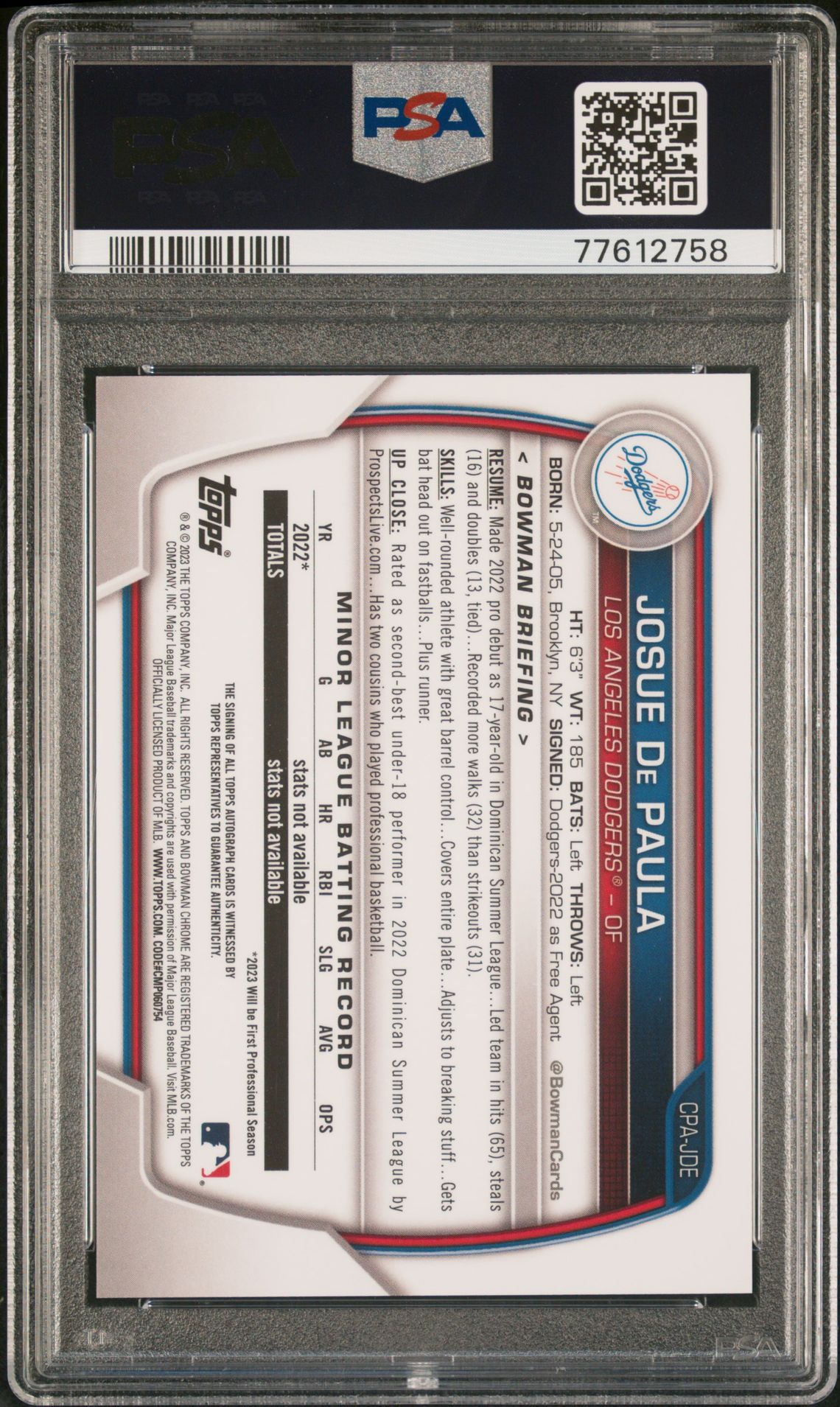 2023 Bowman Chrome Prospect Autographs Josue De Paula #Cpajde Mint 9 back