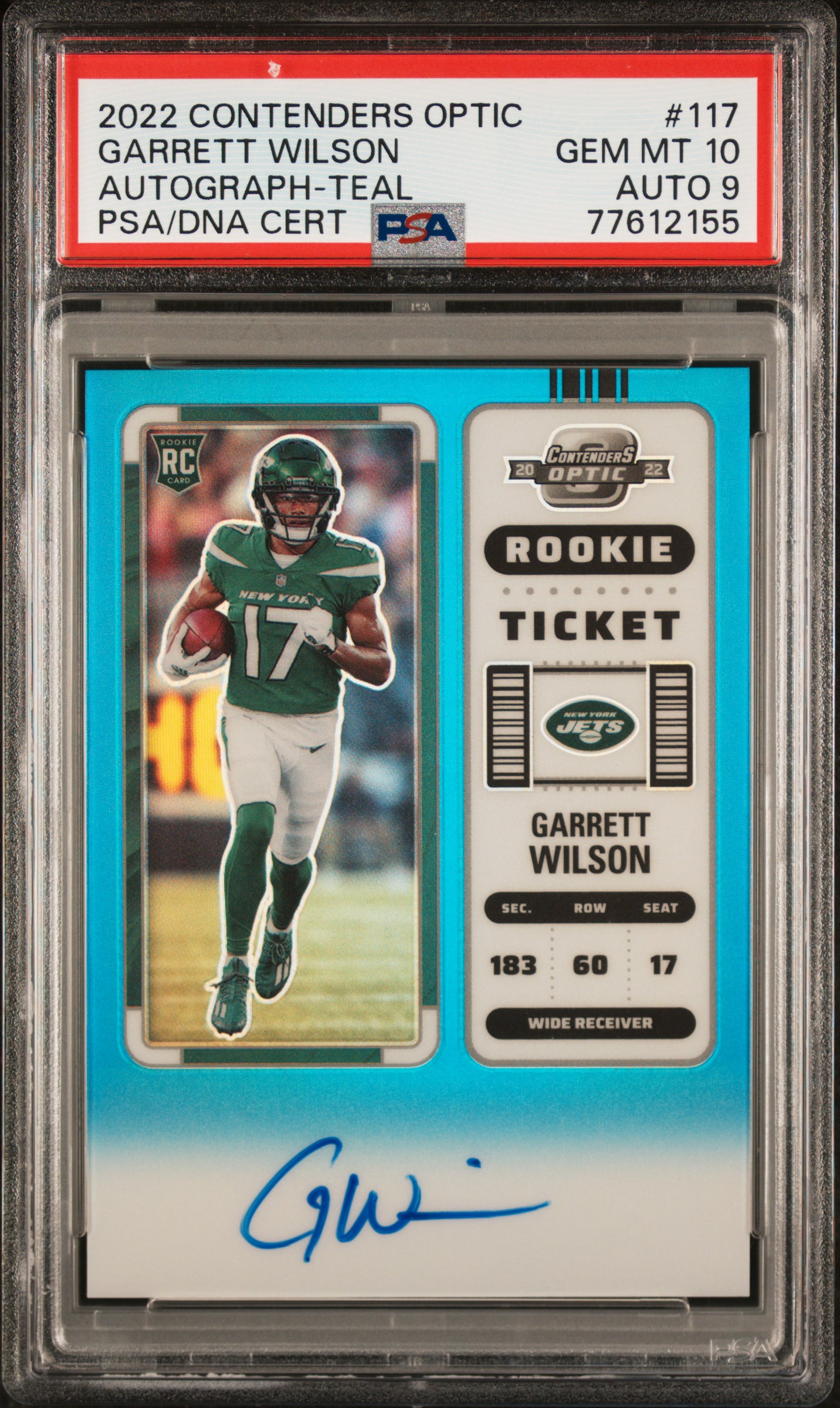 2022 Panini Contenders Optic Autograph-Teal #117 Garrett Wilson (#76/99) – PSA GEM MT 10 MINT 9 Psa/Dna