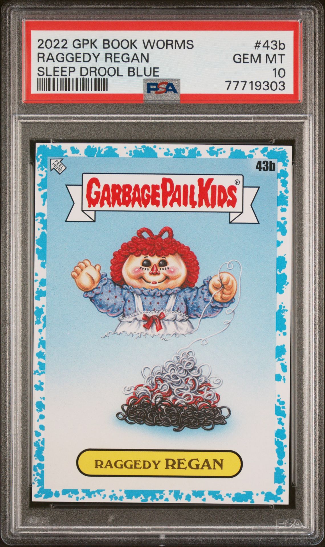 2022 Topps GARBAGE PAIL KIDS BOOK WORMS SLEEP DROOL BLUE #43B Raggedy Regan front