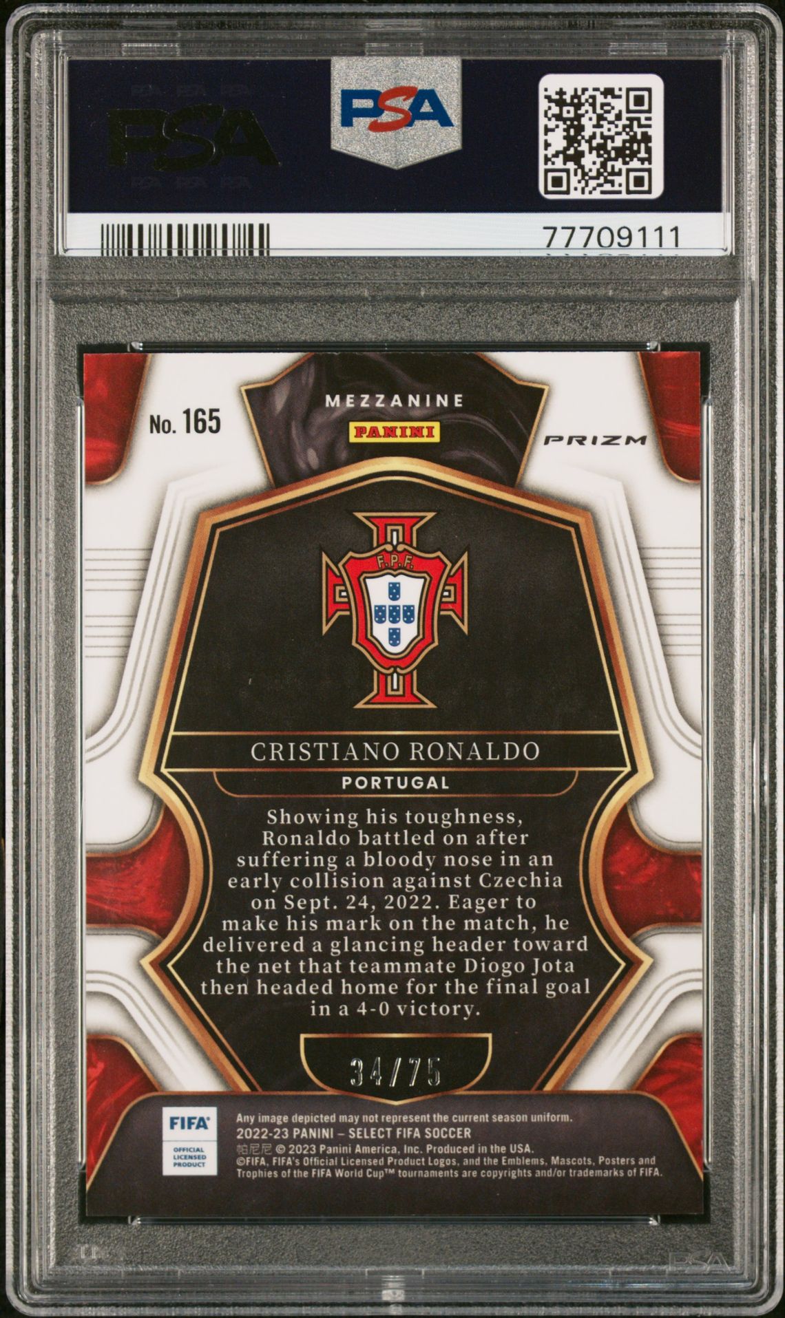 2022 Panini Select Fifa Cristiano Ronaldo #165 (Purple) Gem Mt 10 back