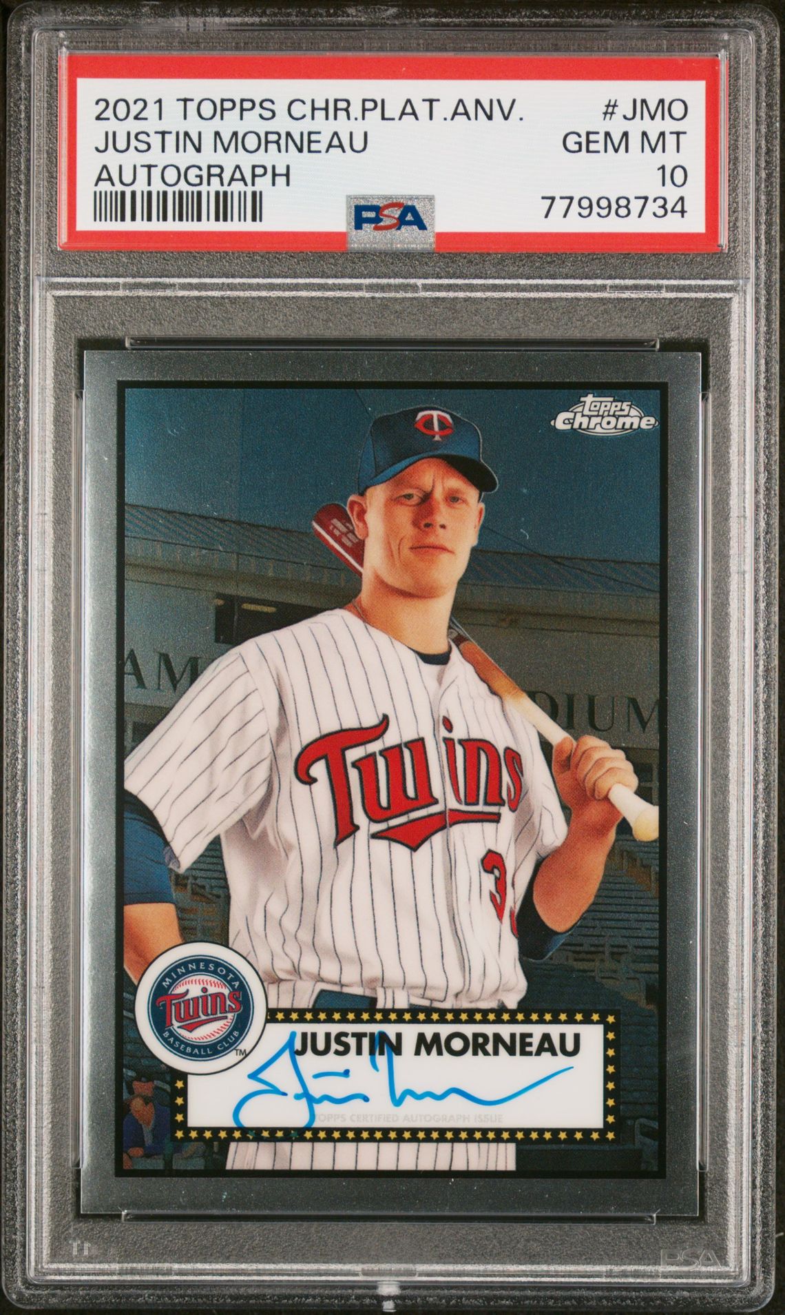2021 Topps Chrome TOPPS CHROME PLATINUM ANNIVERSARY AUTOGRAPHS #JMO Justin Morneau front