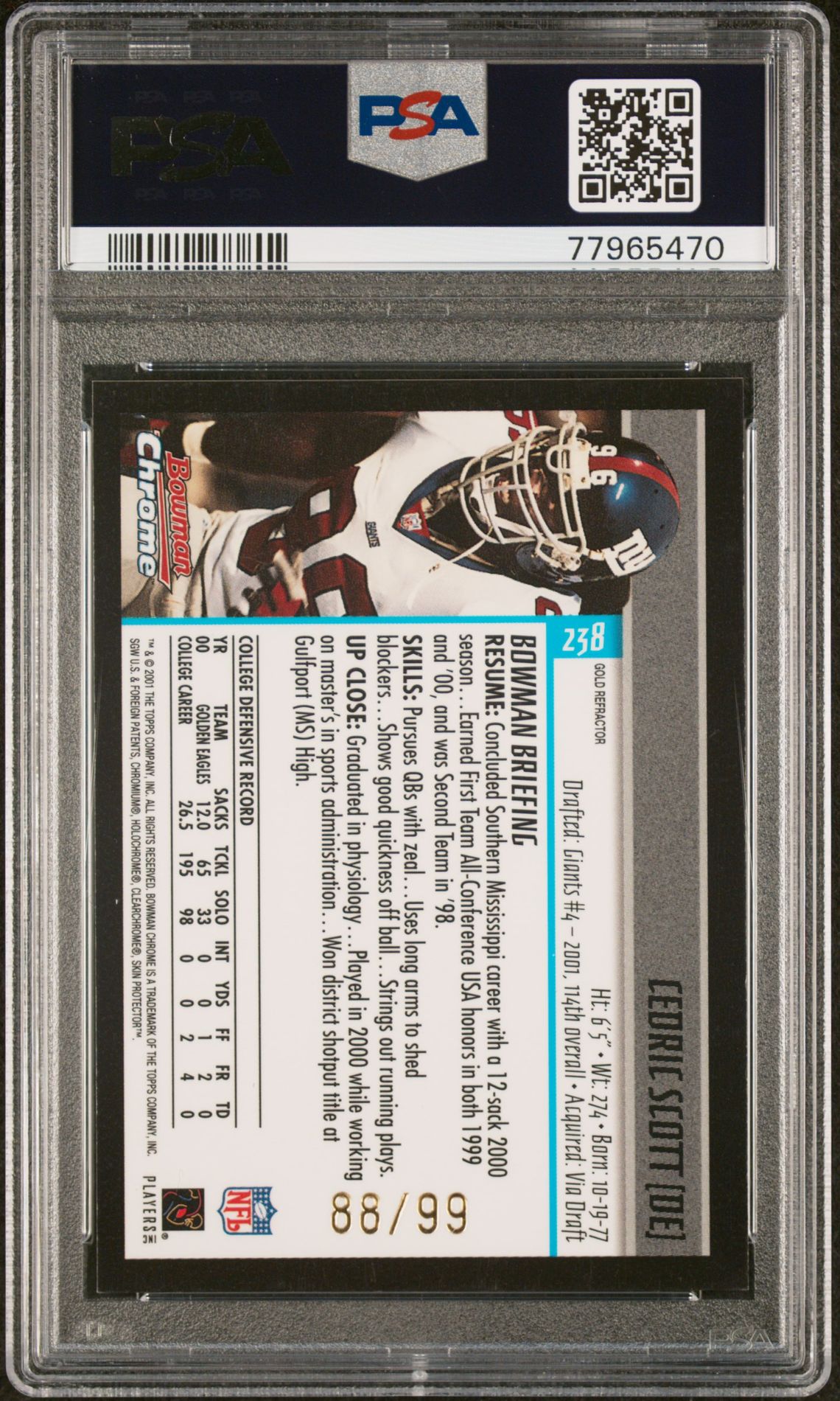 2001 Bowman Chrome Cedric Scott #238 (Gold Refractor) Nm-Mt 8 back