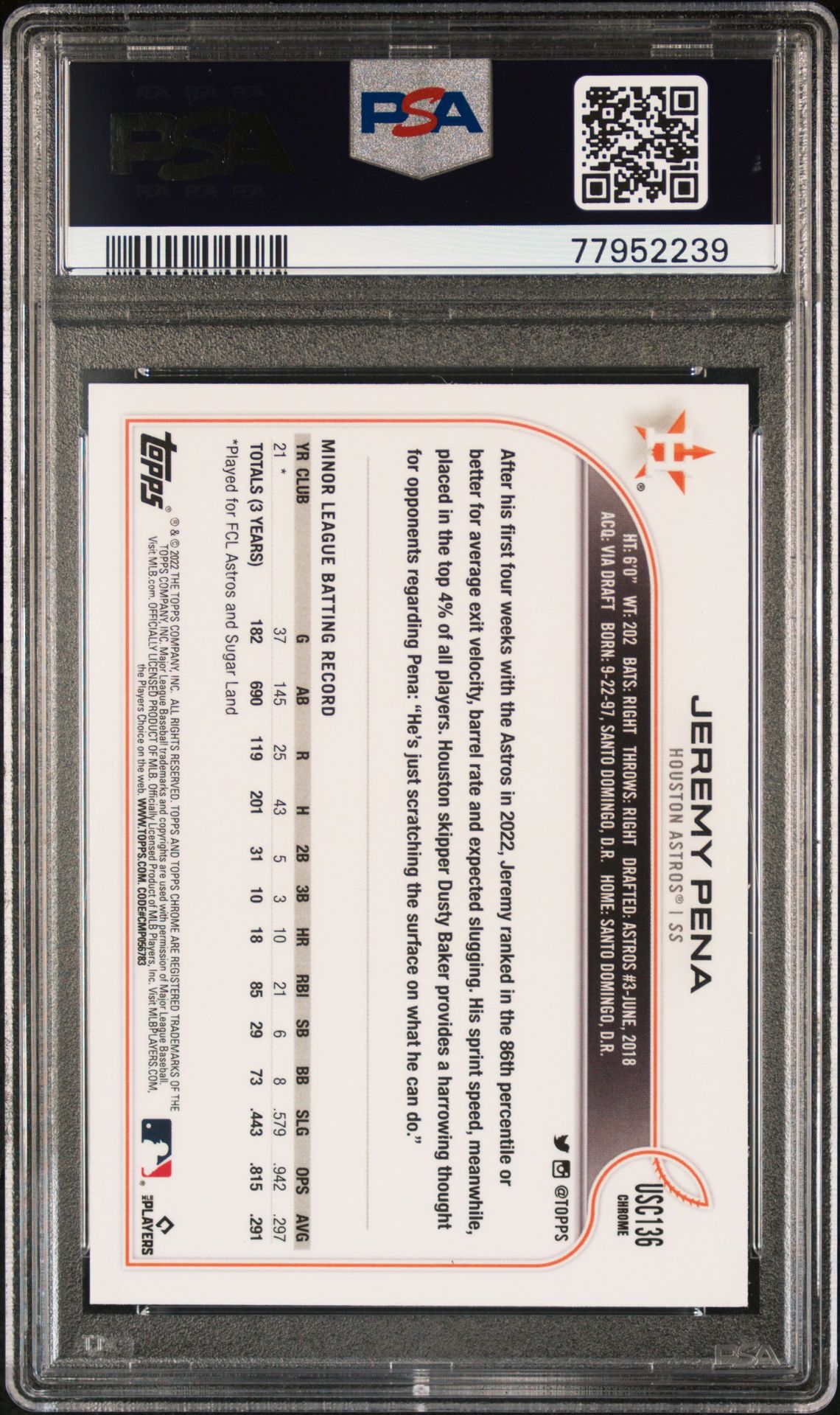 2022 Topps Chrome Update Jeremy Pena #Usc136 Gem Mt 10 back