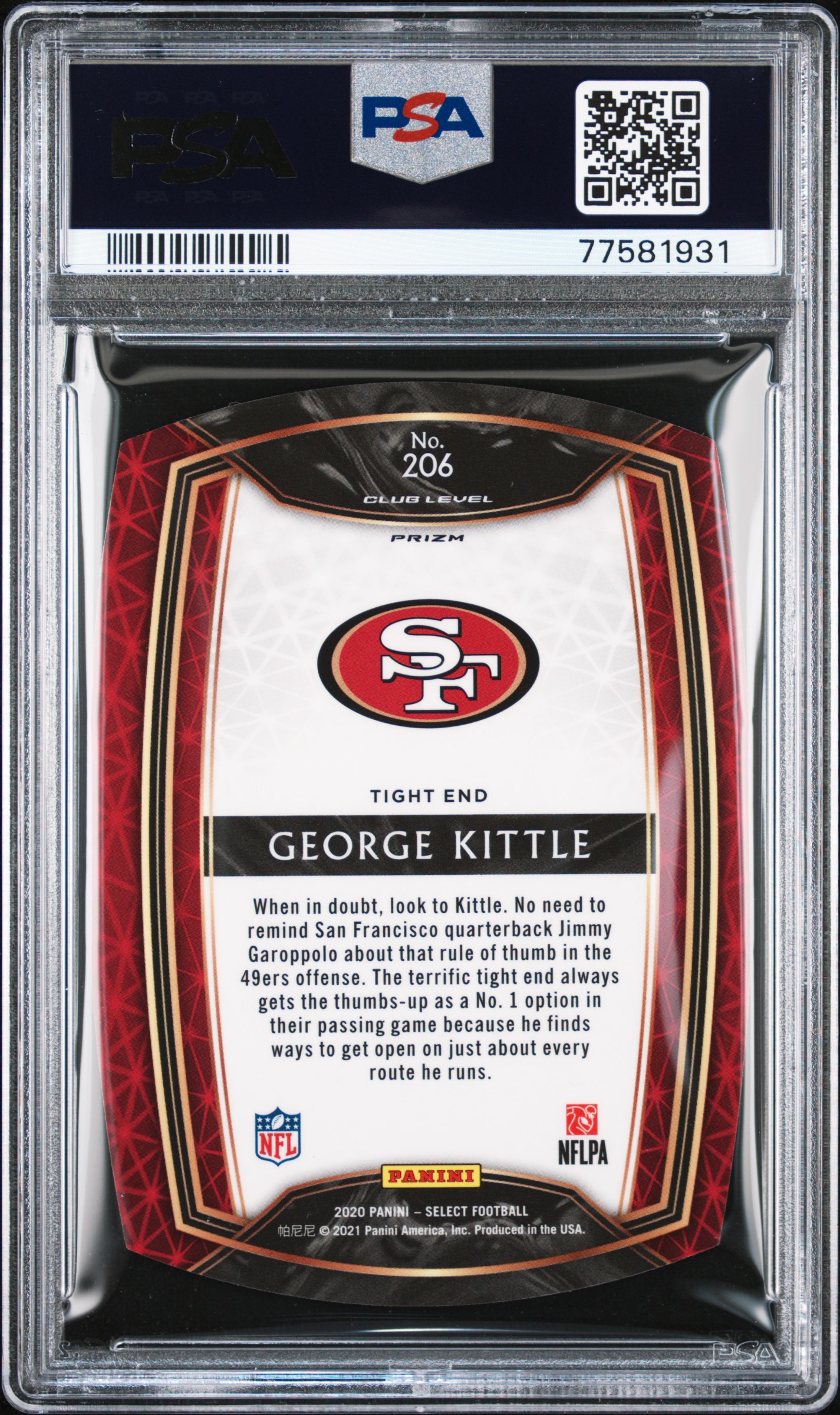 2020 Panini Select George Kittle #206 (Die-Cut Red Prizm) Gem Mt 10 back