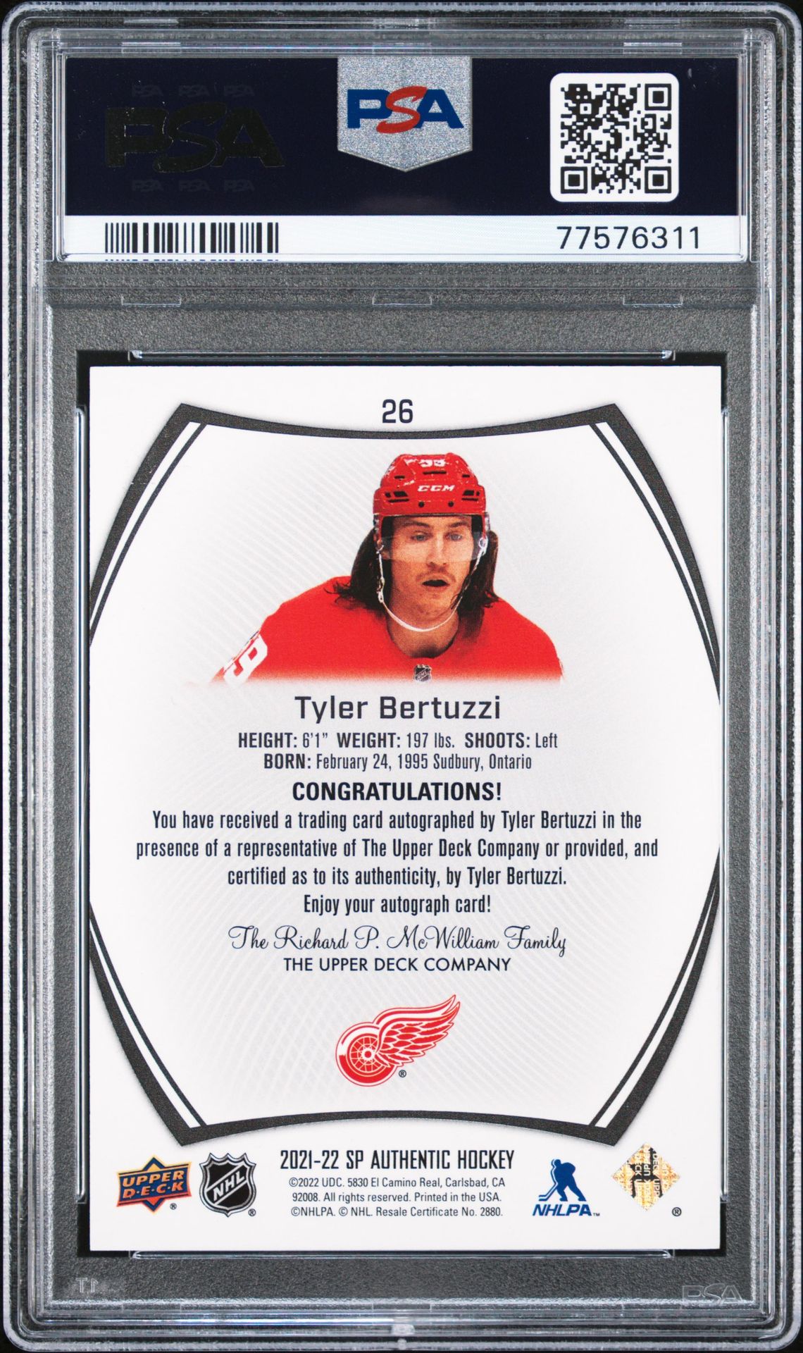 2021 Sp Authentic Tyler Bertuzzi #26 (Auto-Black With Gold Ink) Gem Mt 10 back