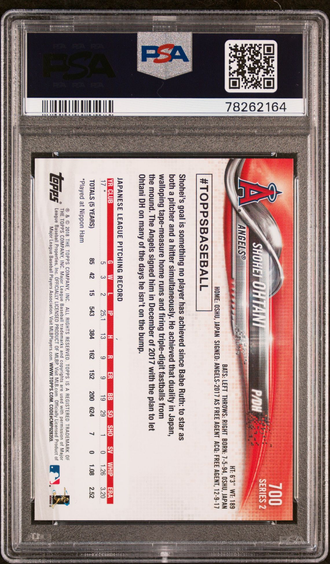 2018 Topps Shohei Ohtani #700 (Pitching) Mint 9 back