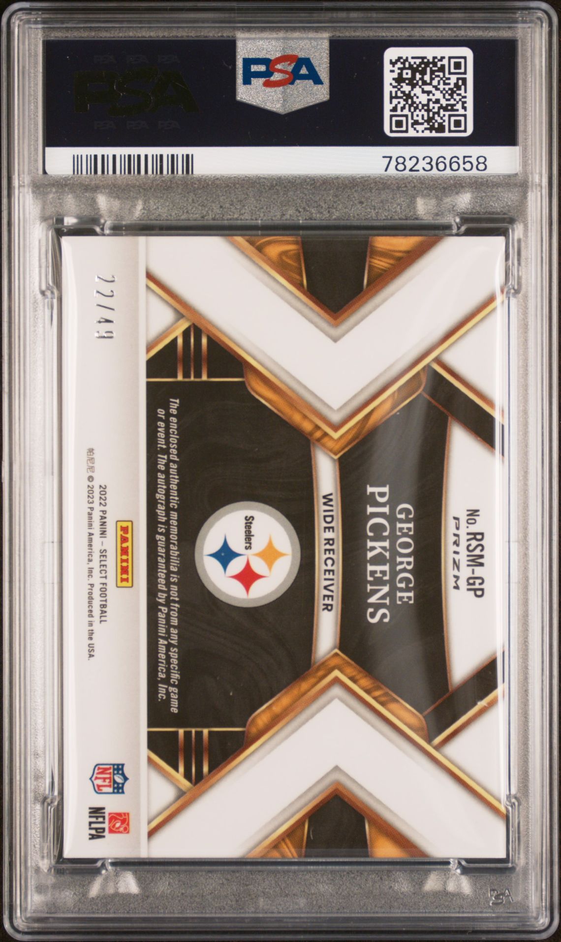 2022 Panini Select Rookie Signature Memorabilia George Pickens #Rsmgp (Rk Sig Mem-Purple Prizm) Gem Mt 10 back