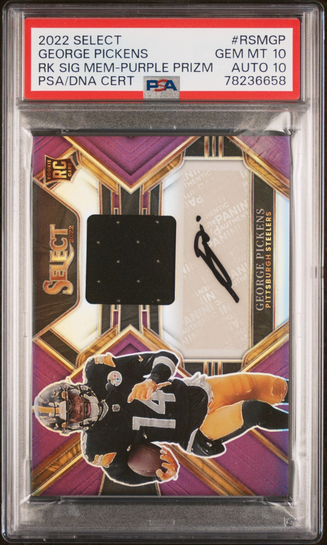 2022 Panini Select Rookie Signature Memorabilia George Pickens #Rsmgp (Rk Sig Mem-Purple Prizm) Gem Mt 10 front