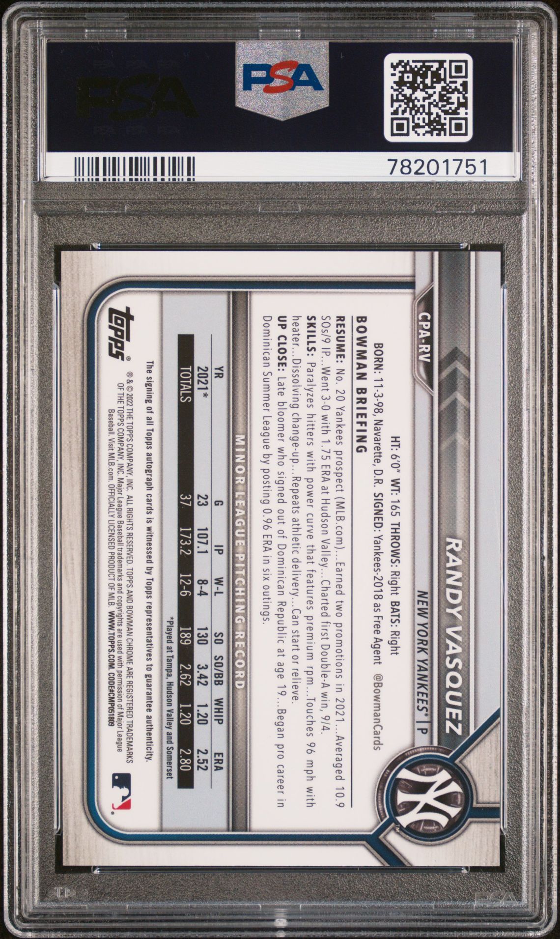 2022 Bowman Chrome Prospect Autographs Randy Vasquez #Cparv (Chr.pros.auto-Gold Ref.) Gem Mt 10 back