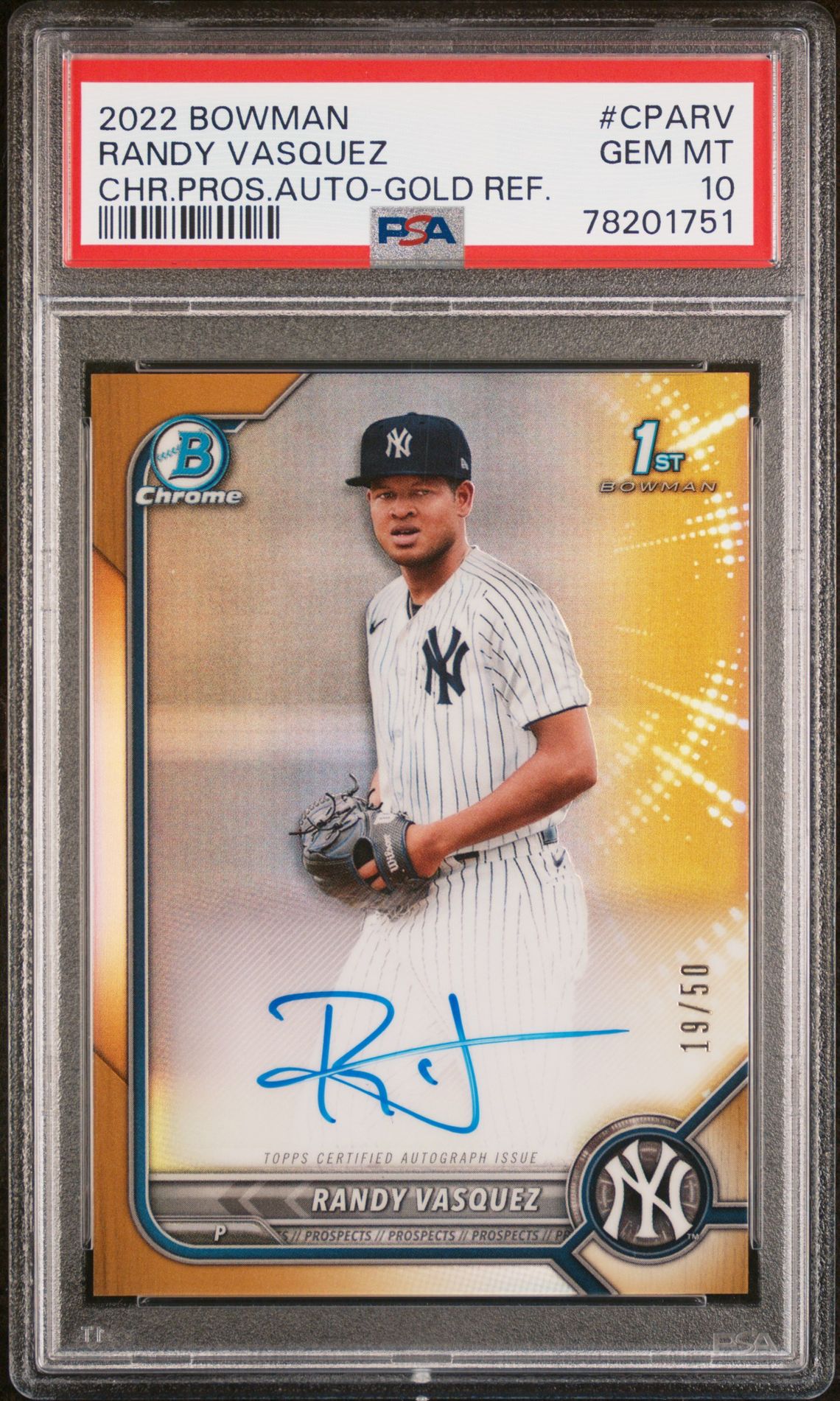 2022 Bowman Chrome Prospect Autographs Randy Vasquez #Cparv (Chr.pros.auto-Gold Ref.) Gem Mt 10 front