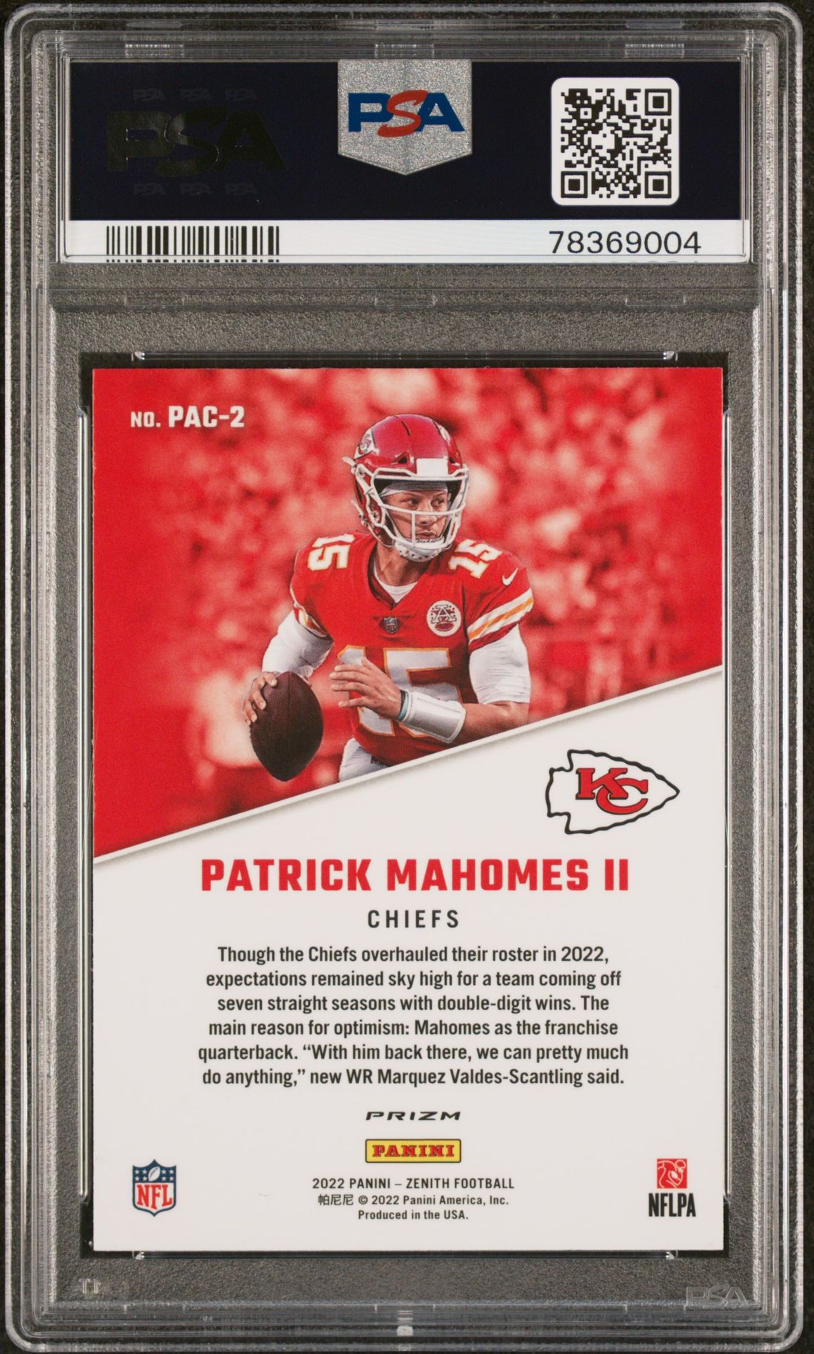 2022 Panini Zenith 1992 Pacific Patrick Mahomes Ii #Pac2 (1992 Pacific-Blue) Gem Mt 10 back