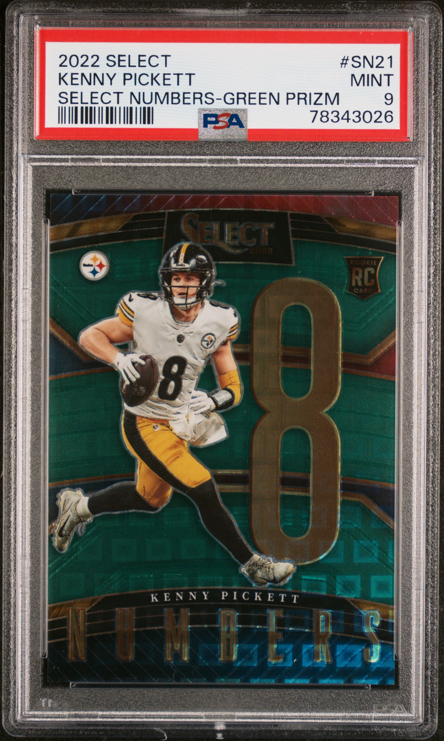 2022 Panini Select Select Numbers Green Prizm #SN21 Kenny Pickett Rookie Card (#3/5) – PSA MINT 9