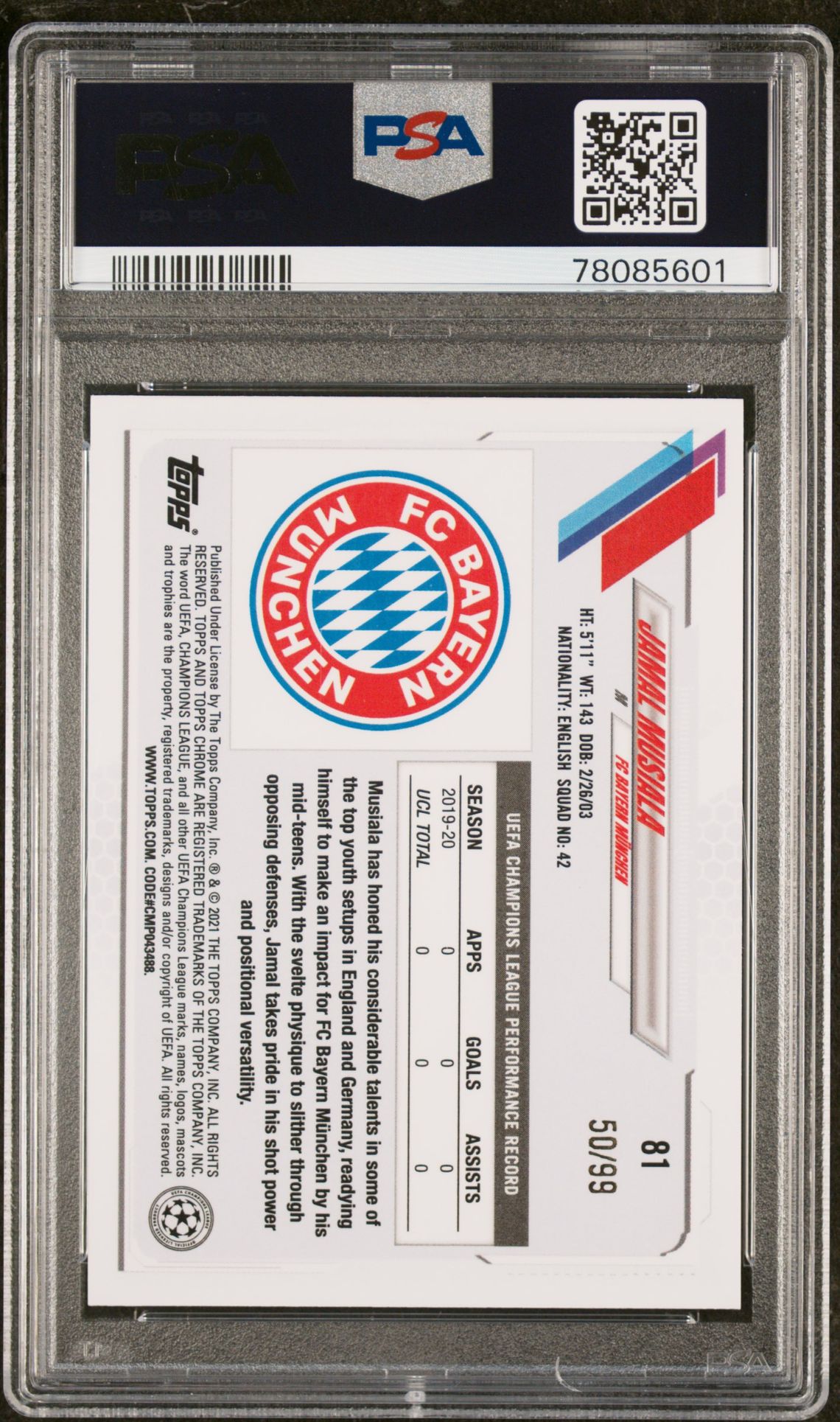 2020 Topps Chrome Uefa Champions League Jamal Musiala #81 (Neon Green Refractor) Gem Mt 10 back