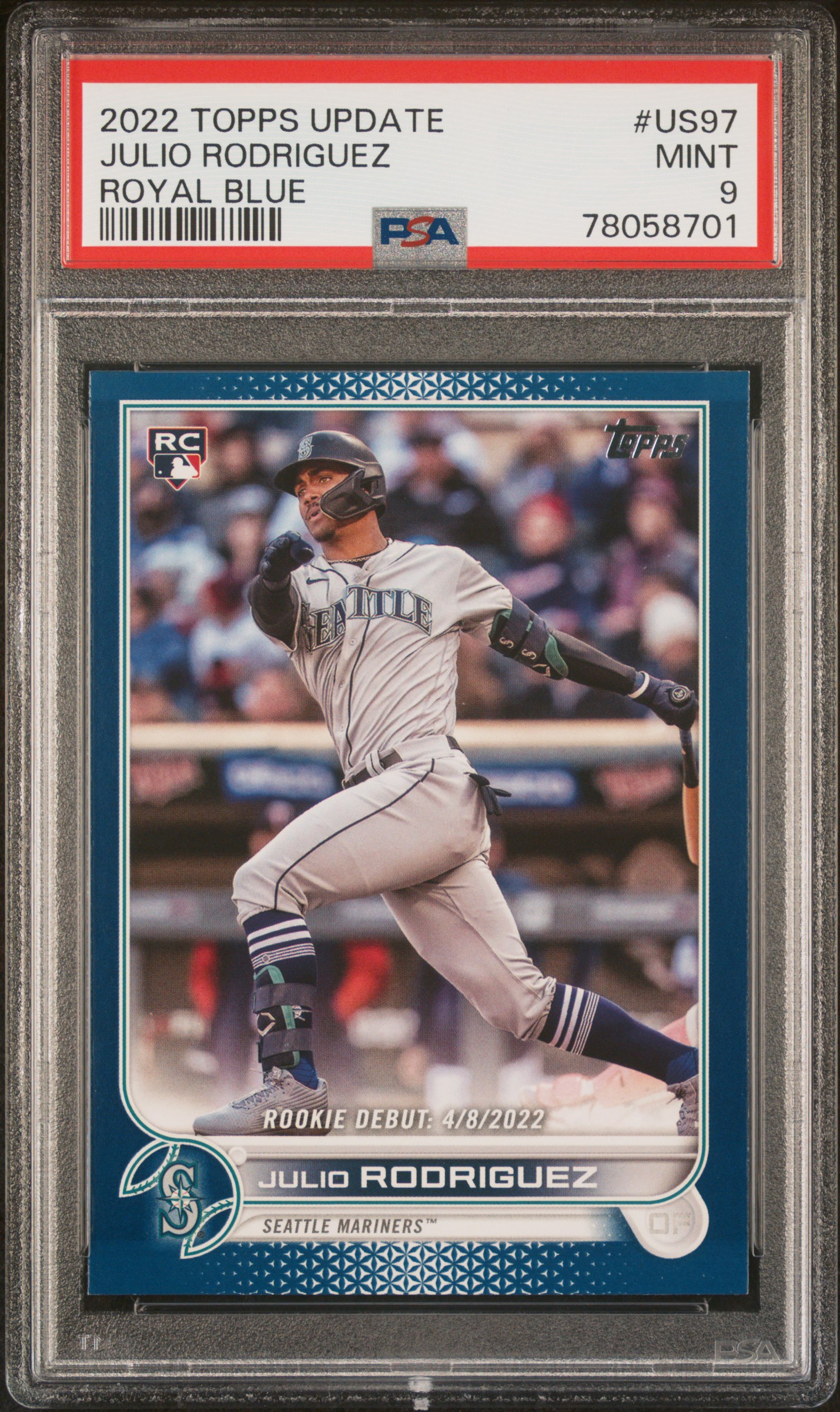 2022 Topps Update Royal Blue Us97 Julio Rodriguez Rookie Card – PSA MINT 9