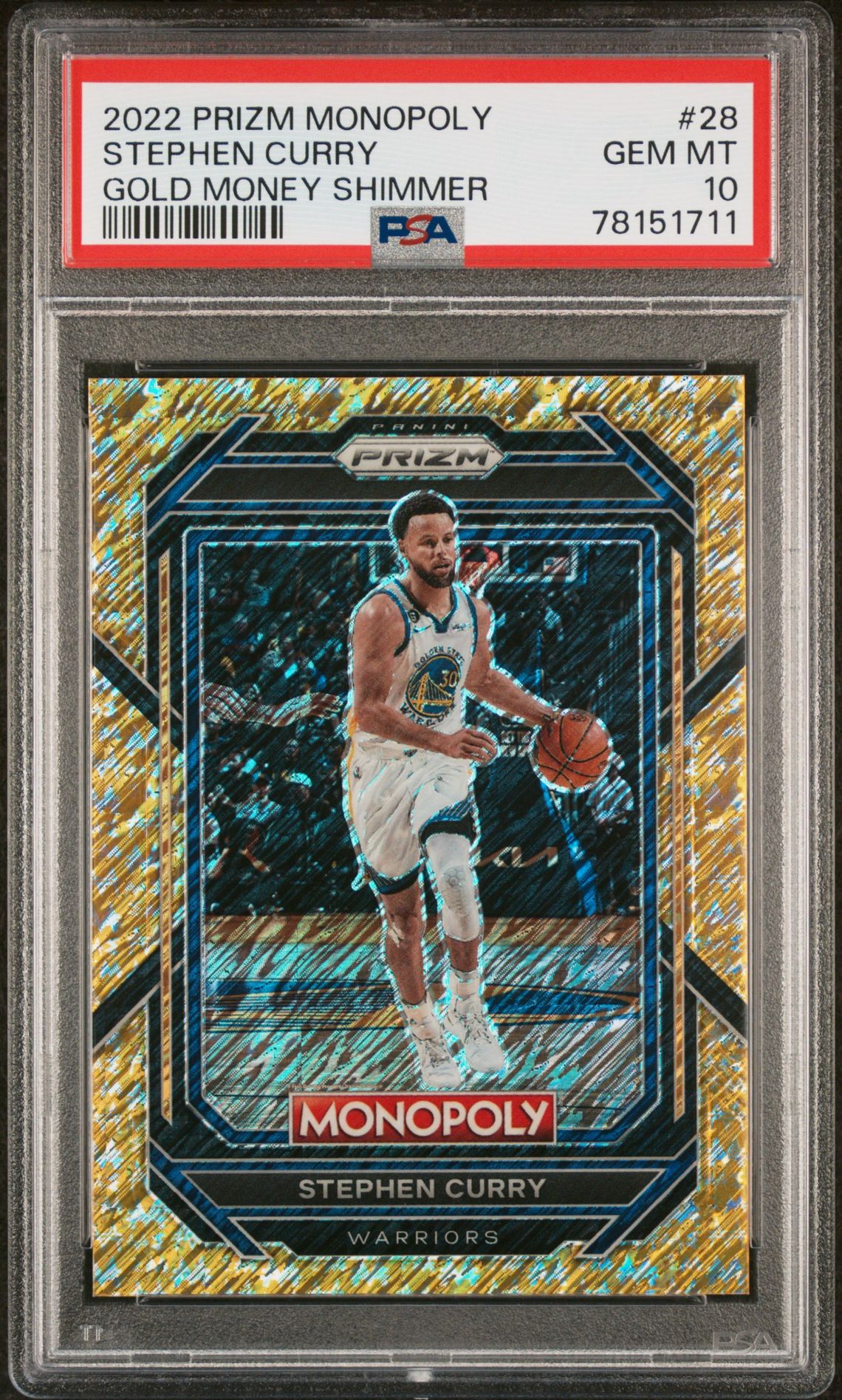 2022 Panini Prizm Monopoly Stephen Curry #28 (Gold Money Shimmer) Gem Mt 10 front