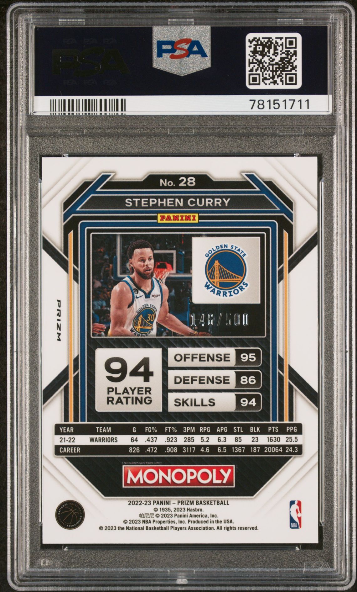 2022 Panini Prizm Monopoly Stephen Curry #28 (Gold Money Shimmer) Gem Mt 10 back