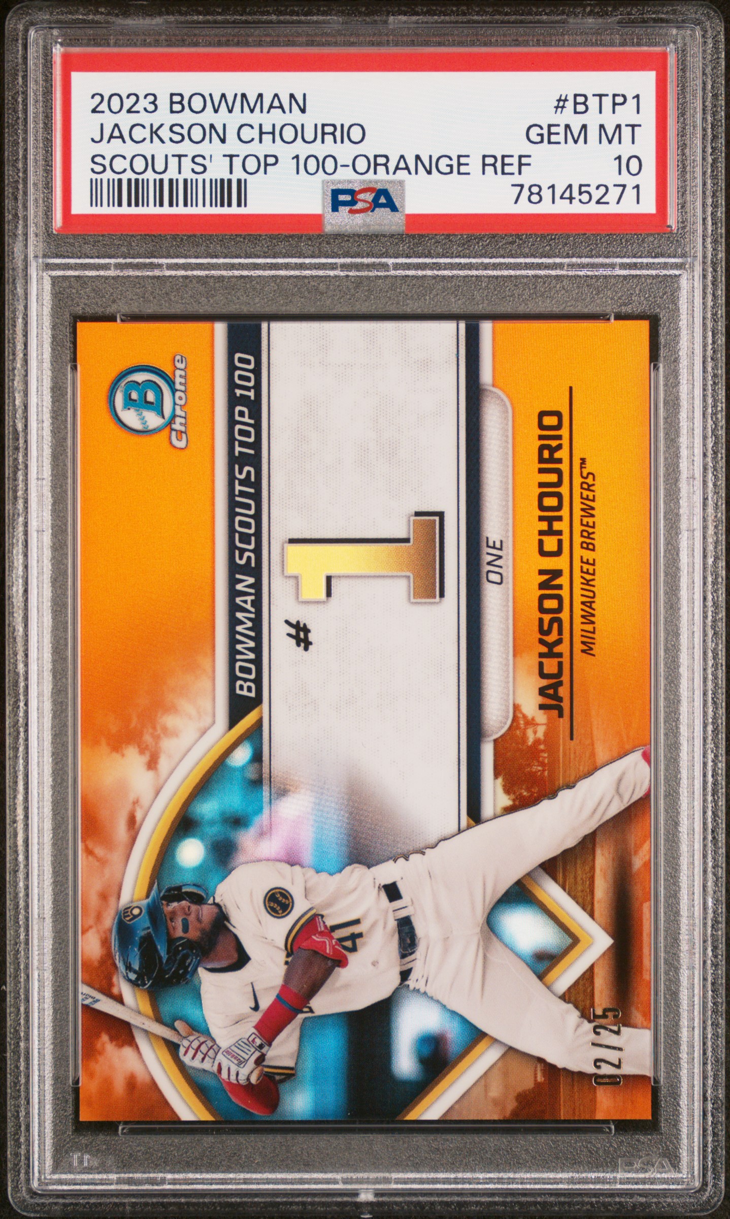 2023 Bowman Scouts' Top 100 Jackson Chourio #Btp1 (Scouts' Top 100-Orange Ref) Gem Mt 10 front