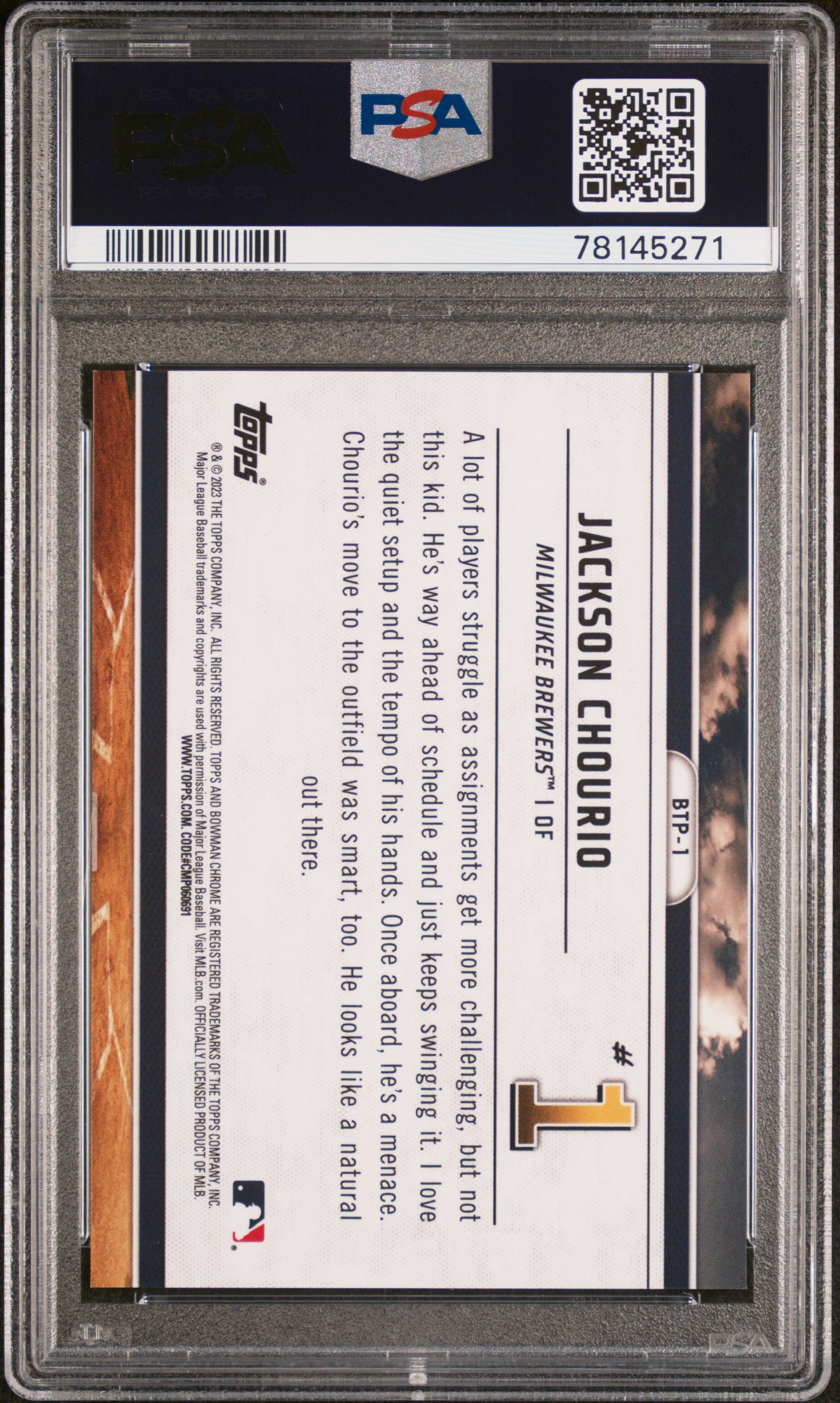 2023 Bowman Scouts' Top 100 Jackson Chourio #Btp1 (Scouts' Top 100-Orange Ref) Gem Mt 10 back