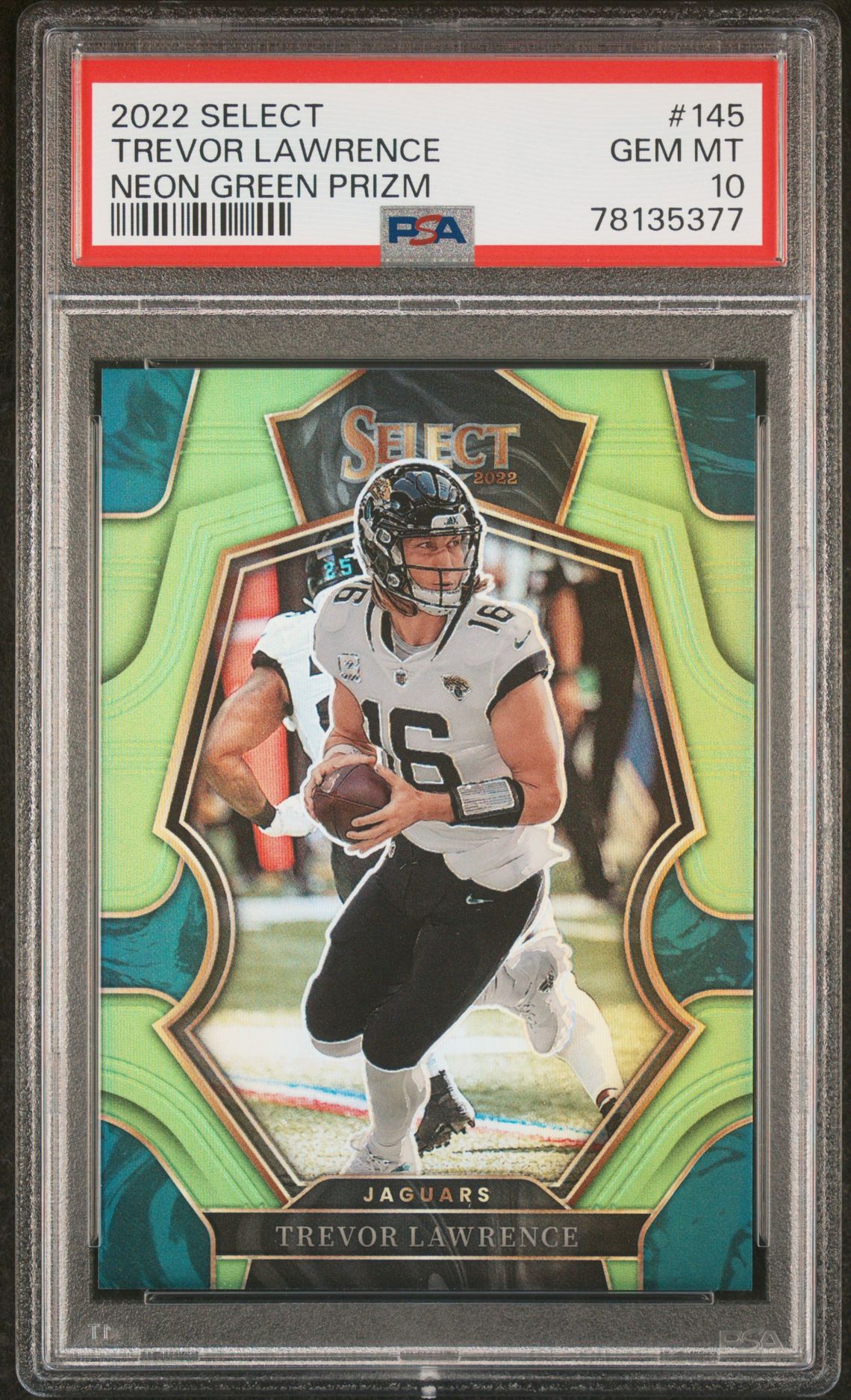 2022 Panini Select Trevor Lawrence #145 (Neon Green Prizm) Gem Mt 10 front view - PSA graded GEM MT 10