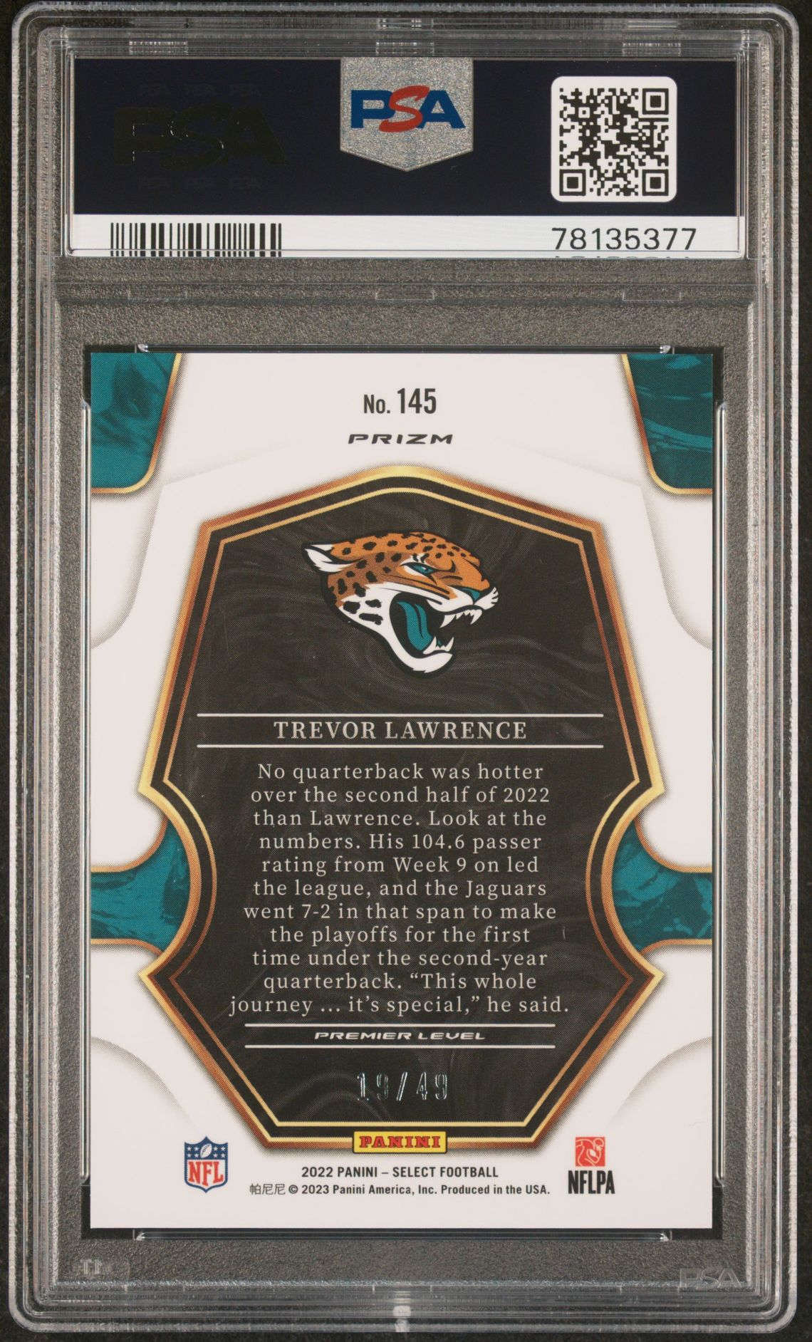 2022 Panini Select Trevor Lawrence #145 (Neon Green Prizm) Gem Mt 10 back view - PSA certificate #78135377