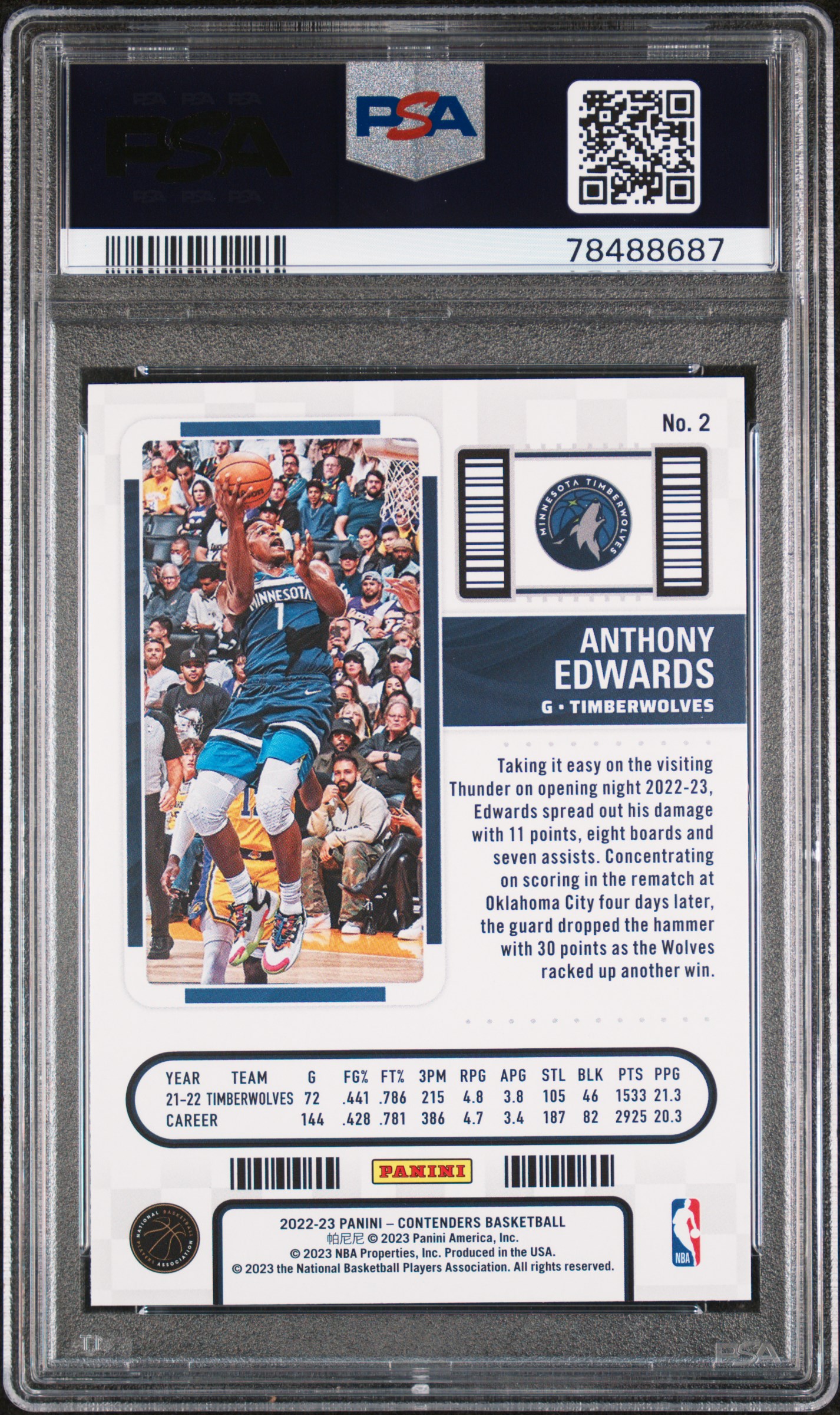 2022 Panini Contenders Anthony Edwards #2 Gem Mt 10 back