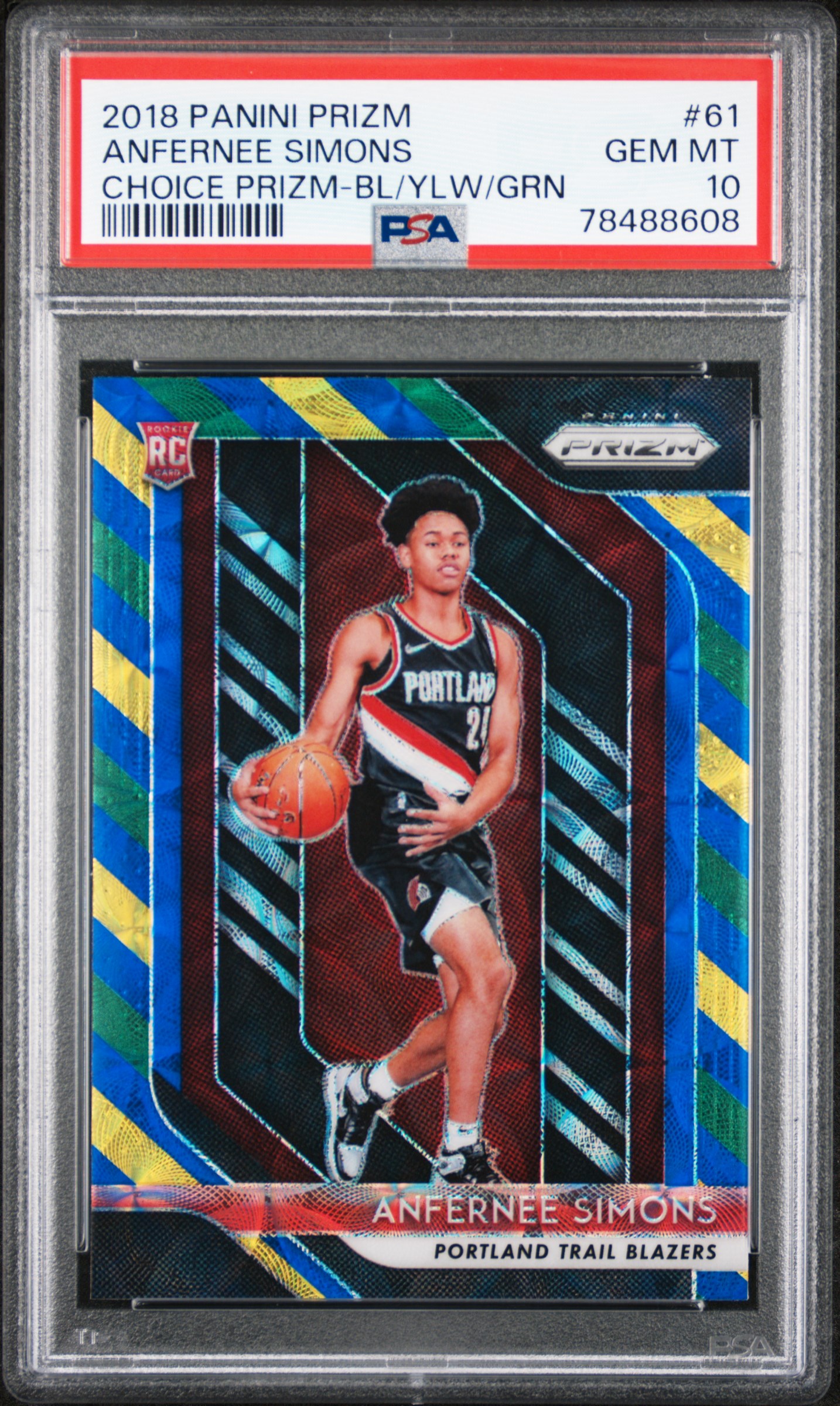 2018 Panini Prizm Choice Prizm-Blue/Yellow/Green #61 Anfernee Simons Rookie Card – PSA GEM MT 10