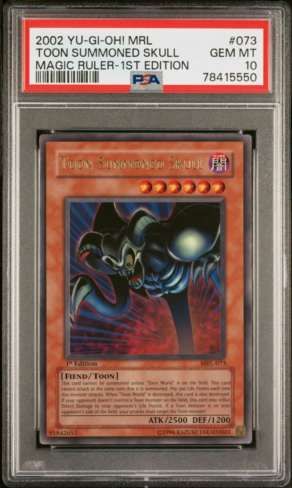 2002 Yu-Gi-Oh! YU-GI-OH! MRL-MAGIC RULER MAGIC RULER-1ST EDITION #073 Toon Summoned Skull front