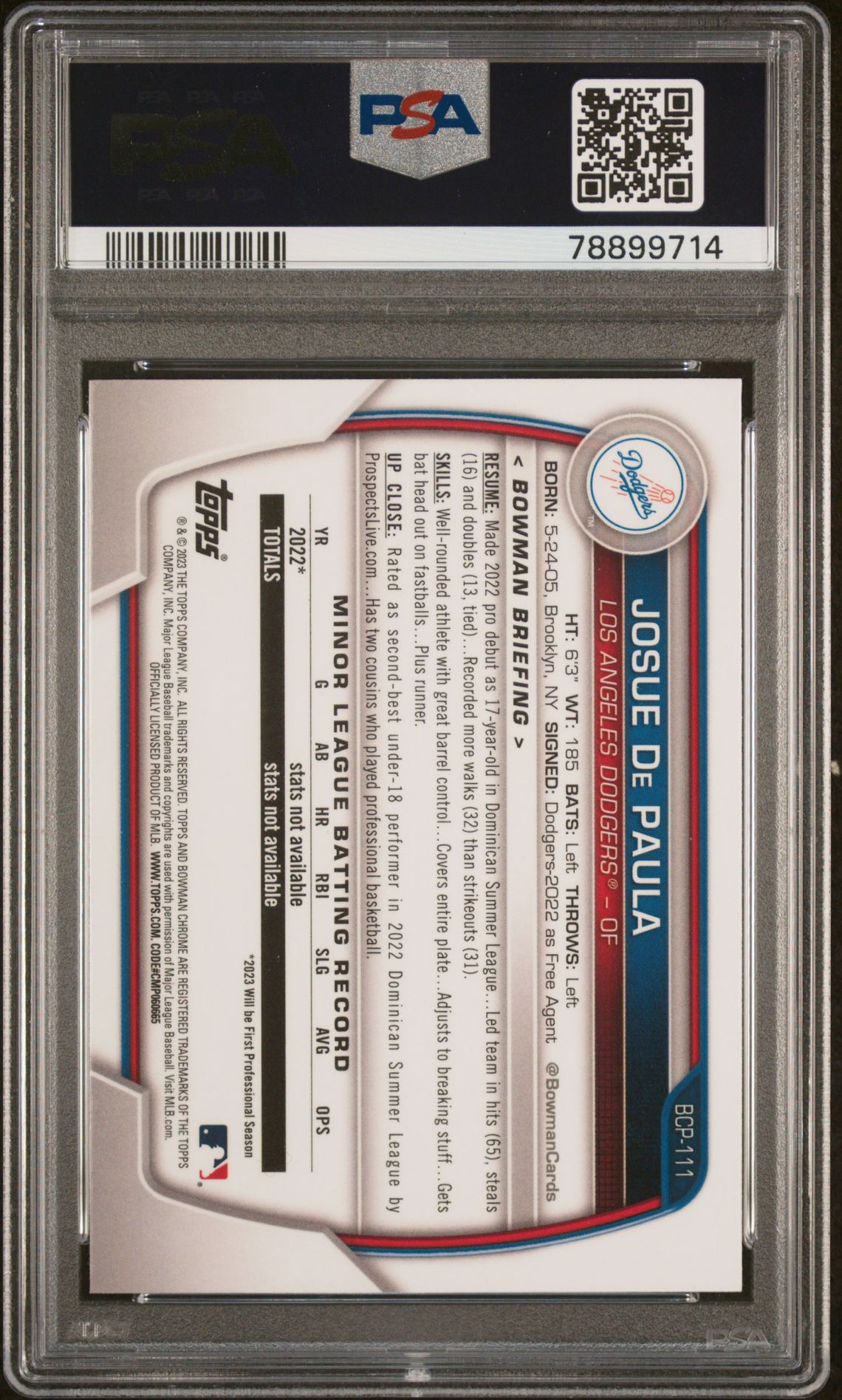 2023 Bowman Chrome Prospects Josue De Paula #Bcp111 (Chrome Prospects) Gem Mt 10 back view - PSA certificate #78899714