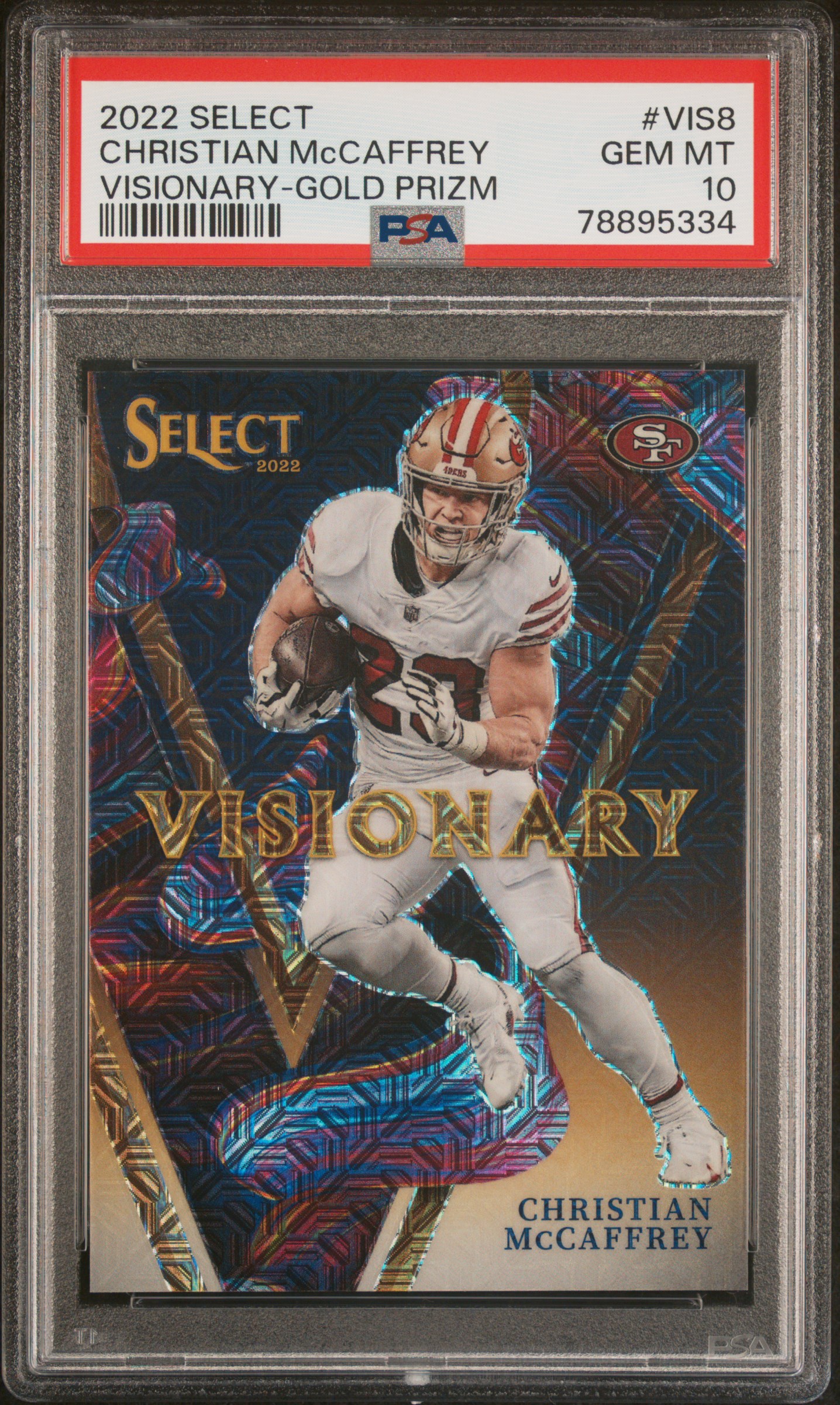 2022 Panini Select Visionary Gold Prizm Vis8 Christian Mccaffrey – PSA GEM MT 10