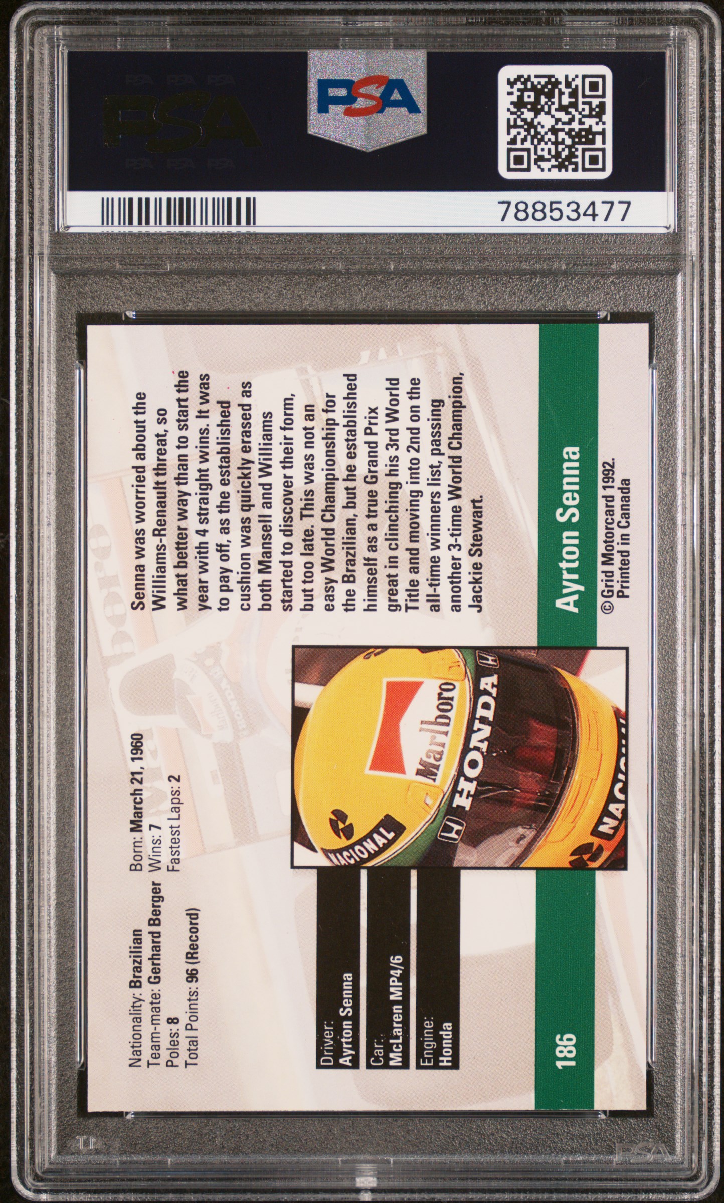 Rayo_tcg's 1992 Grid Formula One Ayrton Senna #186 PSA 10 | Card