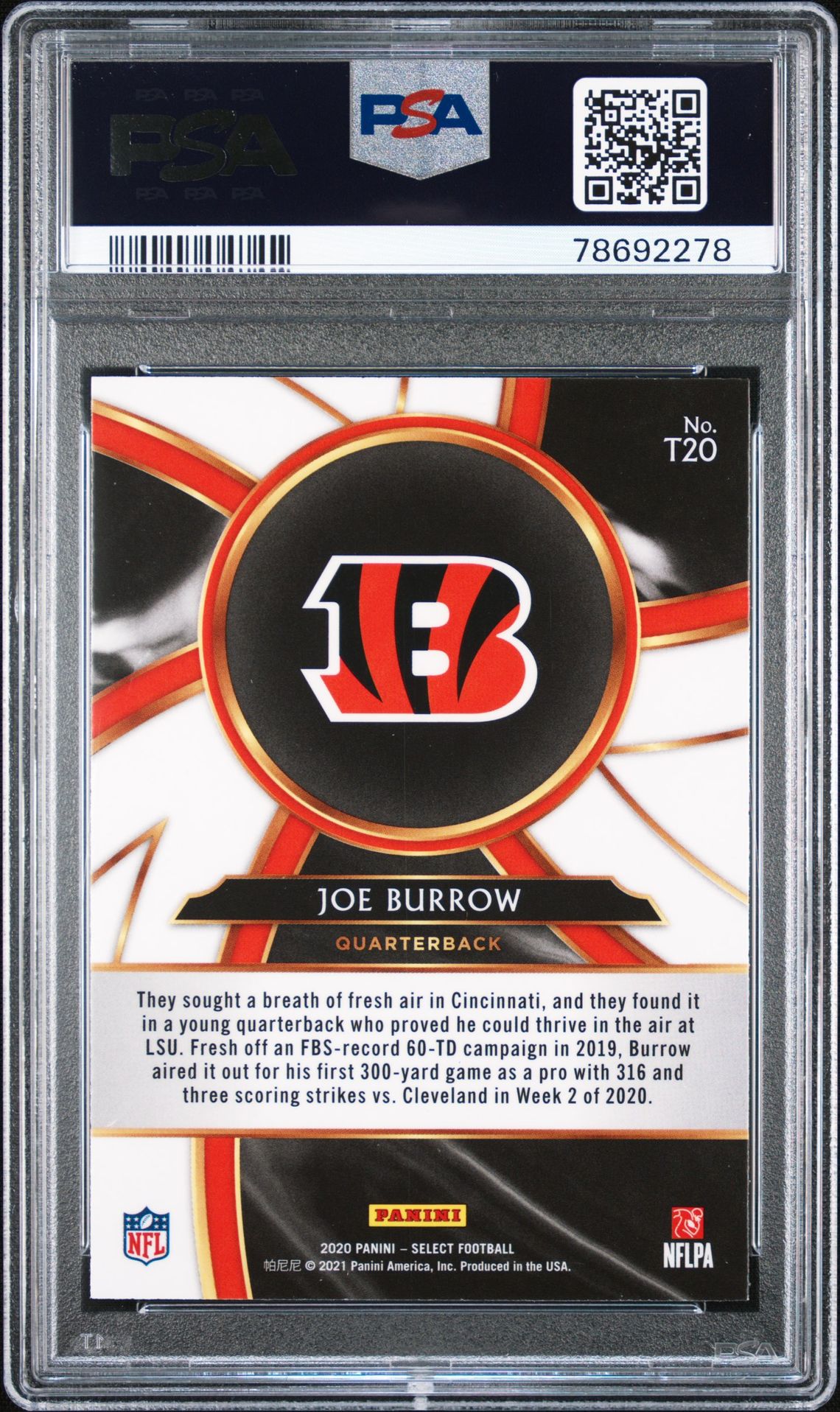 2020 Panini Select Turbocharged Joe Burrow #T20 (Turbocharged) Gem Mt 10 back
