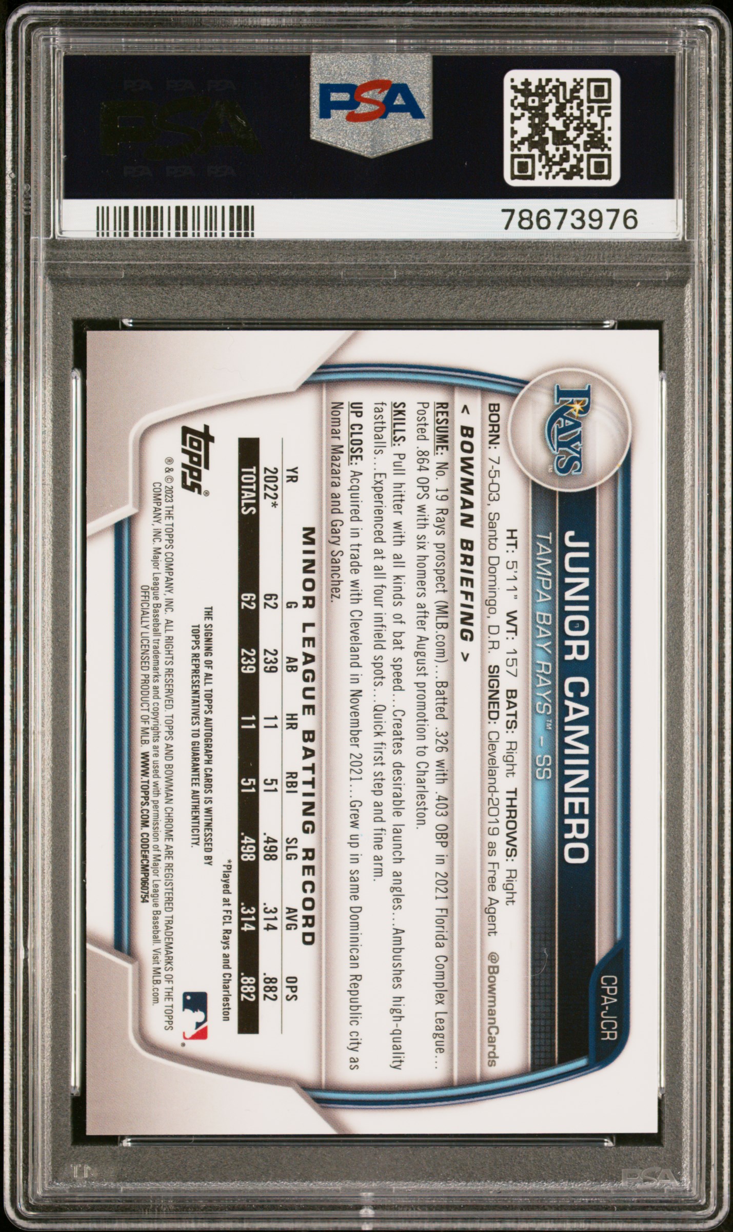 2023 Bowman Chrome Prospect Autographs Junior Caminero #Cpajcr (Chr Prospect Auto-Blue Ref) Gem Mt 10 back