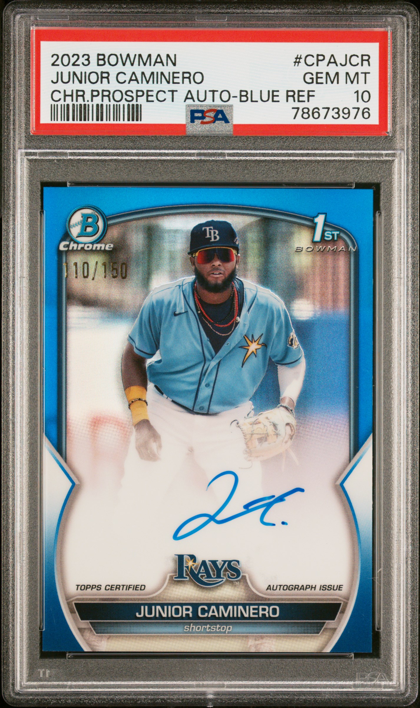 2023 Bowman Chrome Prospect Autographs Junior Caminero #Cpajcr (Chr Prospect Auto-Blue Ref) Gem Mt 10 front