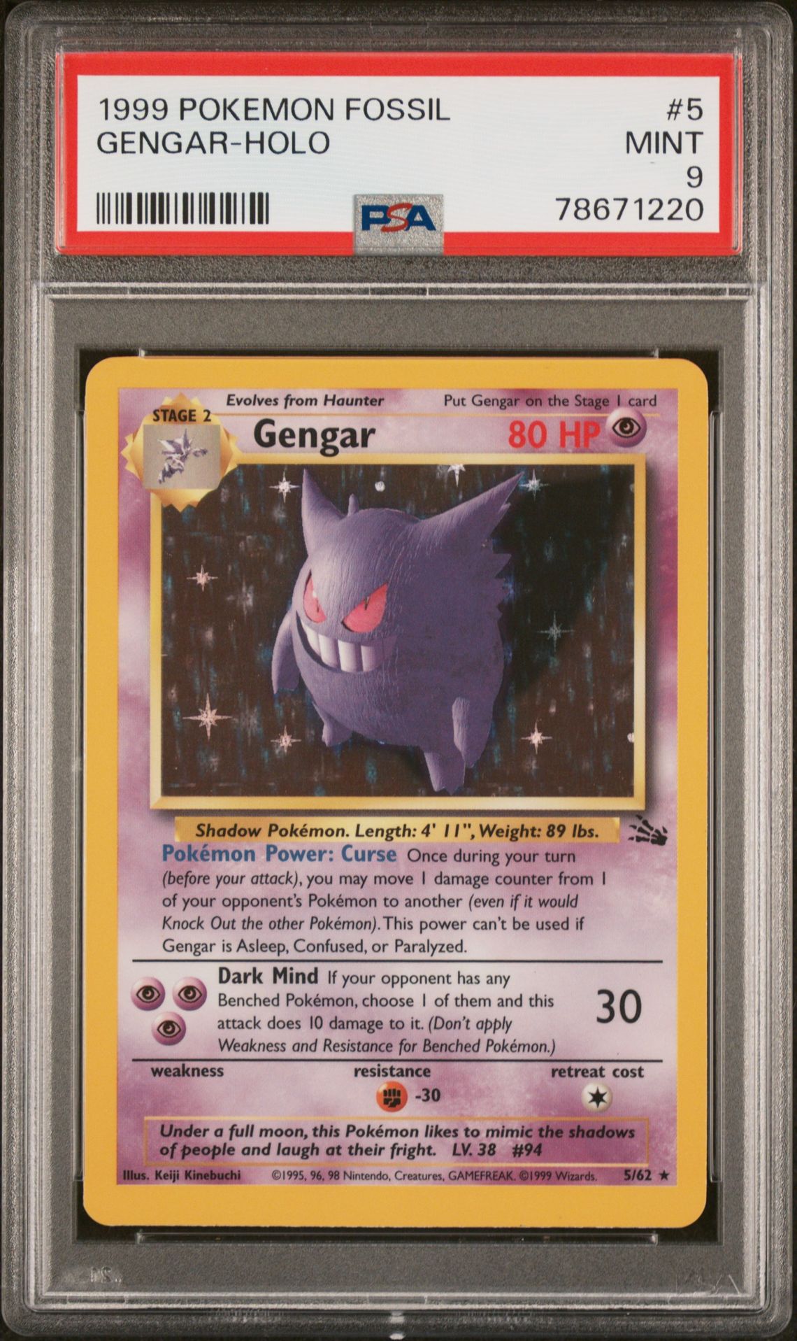 1999 Pokemon Fossil Gengar-Holo #5 Mint 9 front