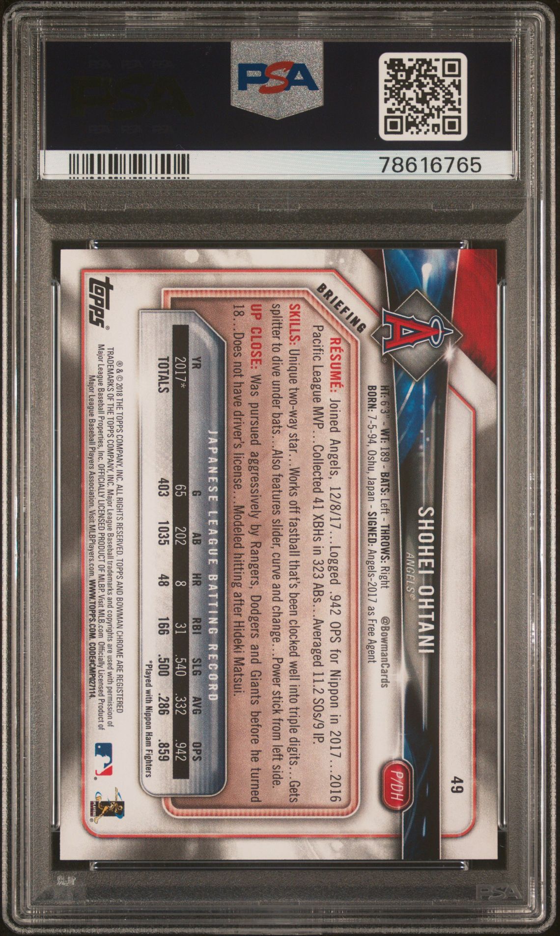 2018 Bowman Shohei Ohtani #49 Mint 9 back