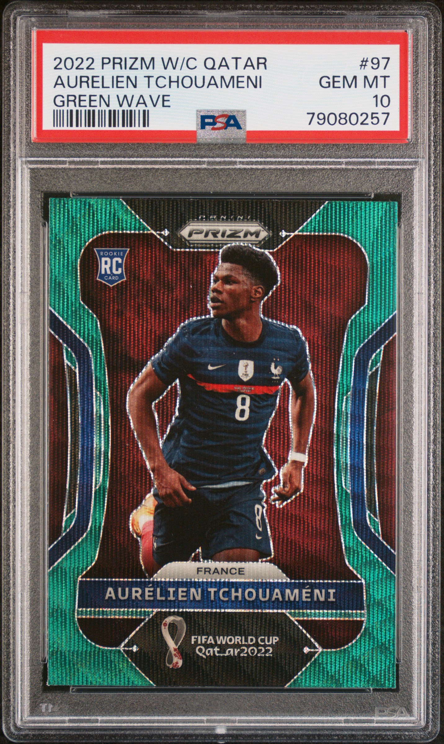 2022 Panini Prizm World Cup Qatar Green Wave 97 Aurelien Tchouameni PSA 10