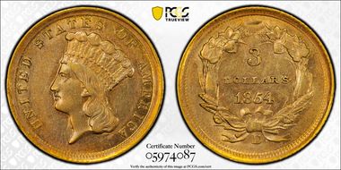 1854-D $3 AU58+