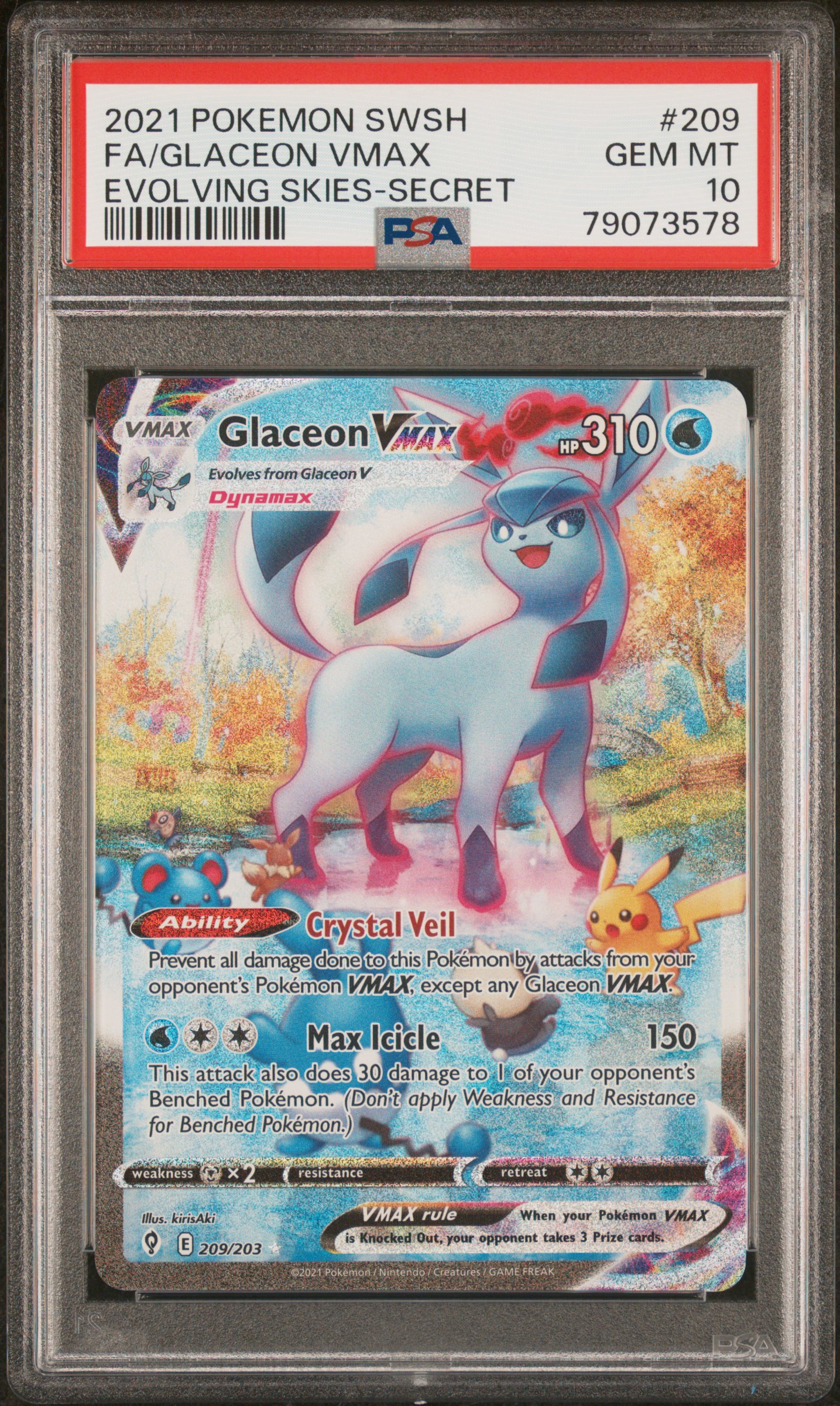 2021 Pokemon Sword & Shield Evolving Skies Fa/Glaceon Vmax #209 (Evolving Skies-Secret) Gem Mt 10 front