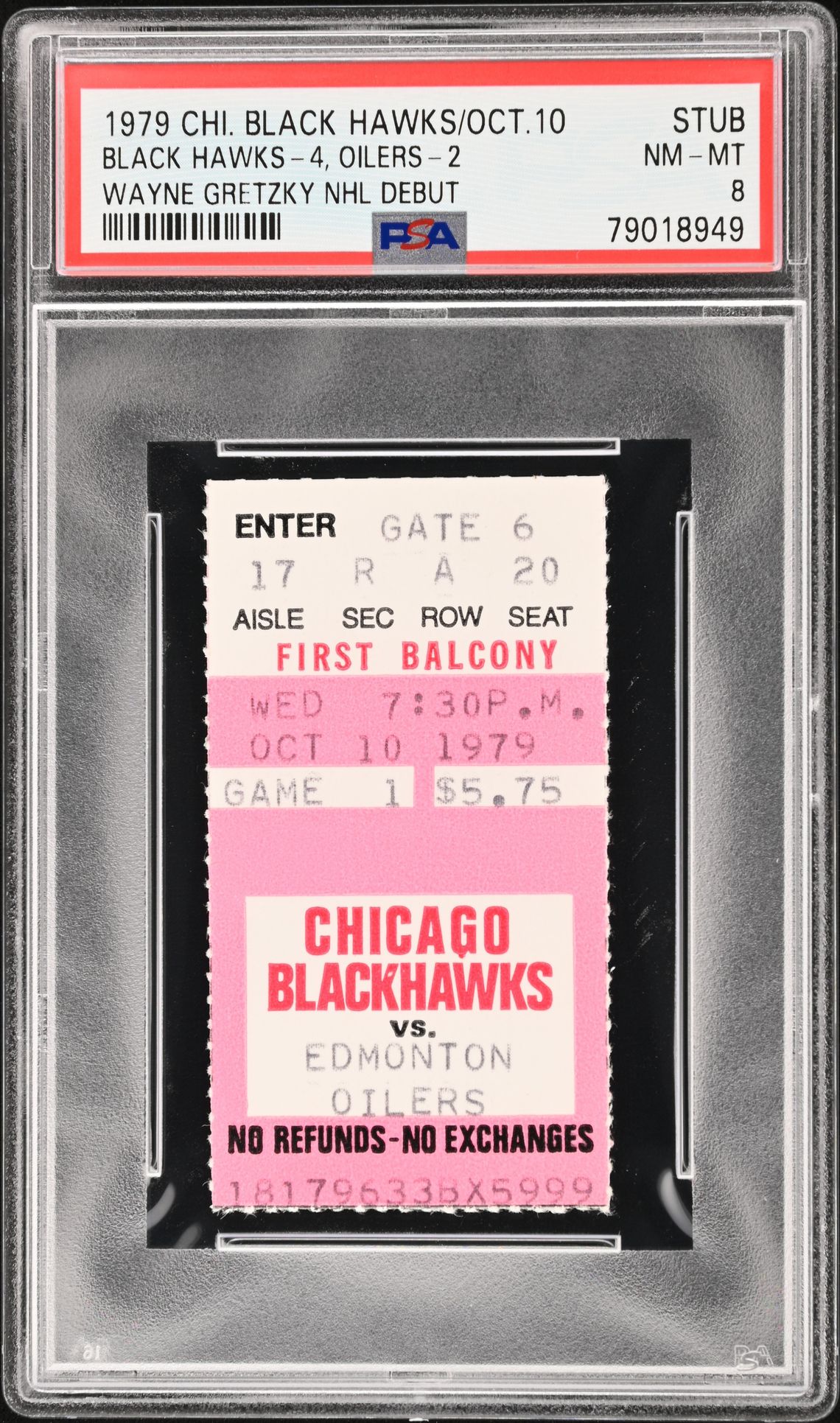 Wayne Gretzky NHL debut ticket stub, Chicago Black Hawks against the Edmonton Oilers, 10 October 1979, graded PSA NM-MT 8, cert 79018949