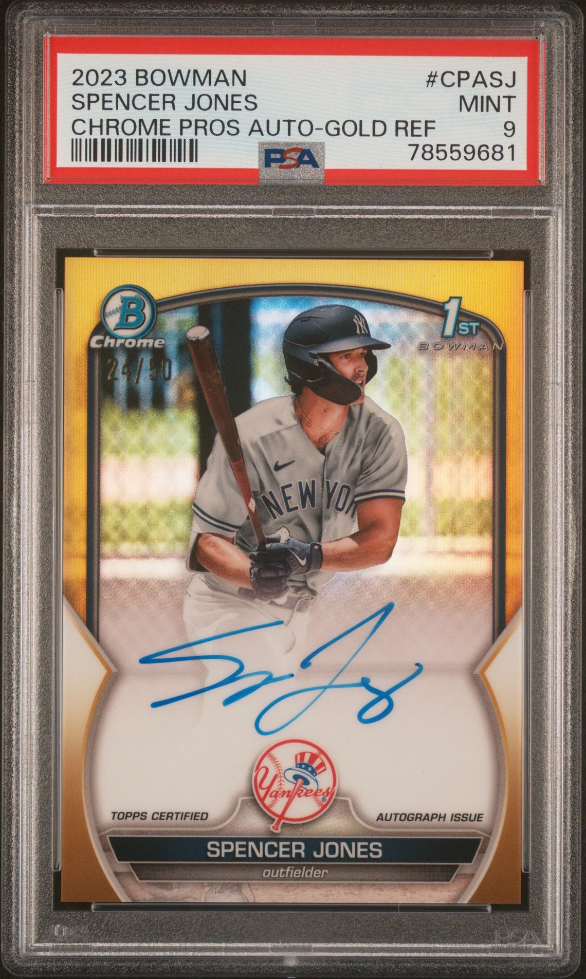 2023 Bowman BOWMAN CHROME PROSPECT AUTOGRAPHS CHR PROSPECT AUTO-GOLD REF #CPASJ Spencer Jones front