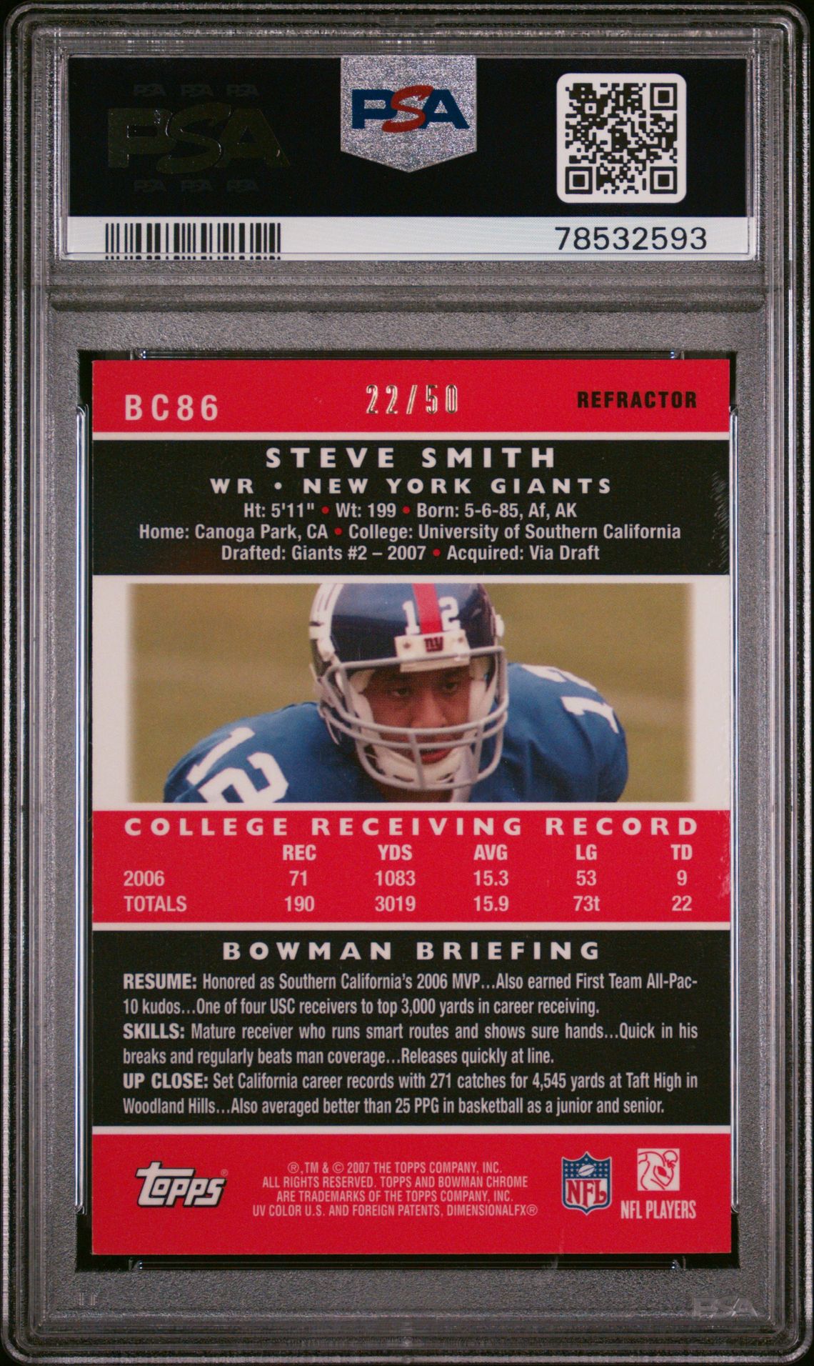 2007 Bowman Chrome Steve Smith #Bc86 (Gold Refractor) Mint 9 back
