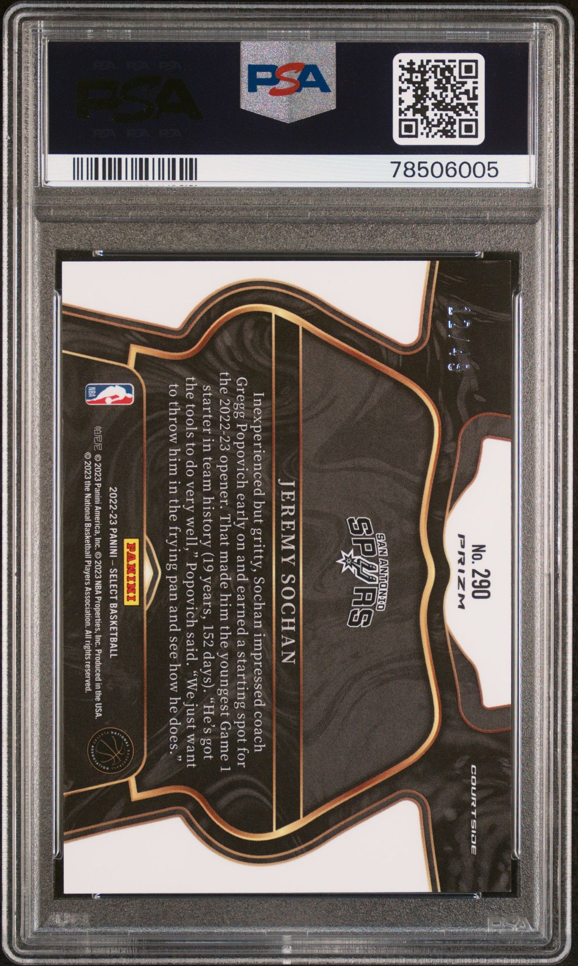 2022 Panini Select Jeremy Sochan #290 (Red Disco) Gem Mt 10 back