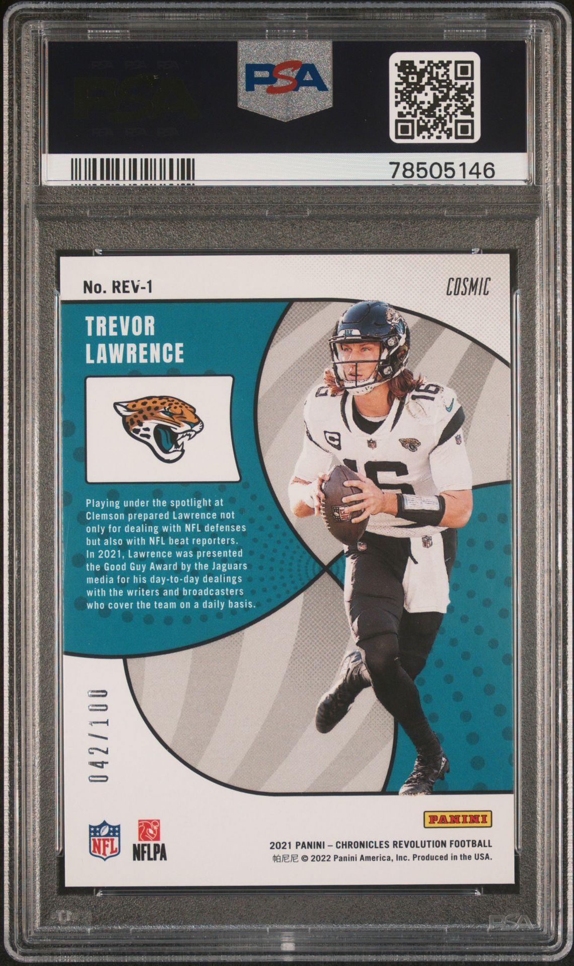 2021 Panini Chronicles Revolution Trevor Lawrence #Rev1 (Revolution-Cosmic) Gem Mt 10 back view - PSA certificate #78505146