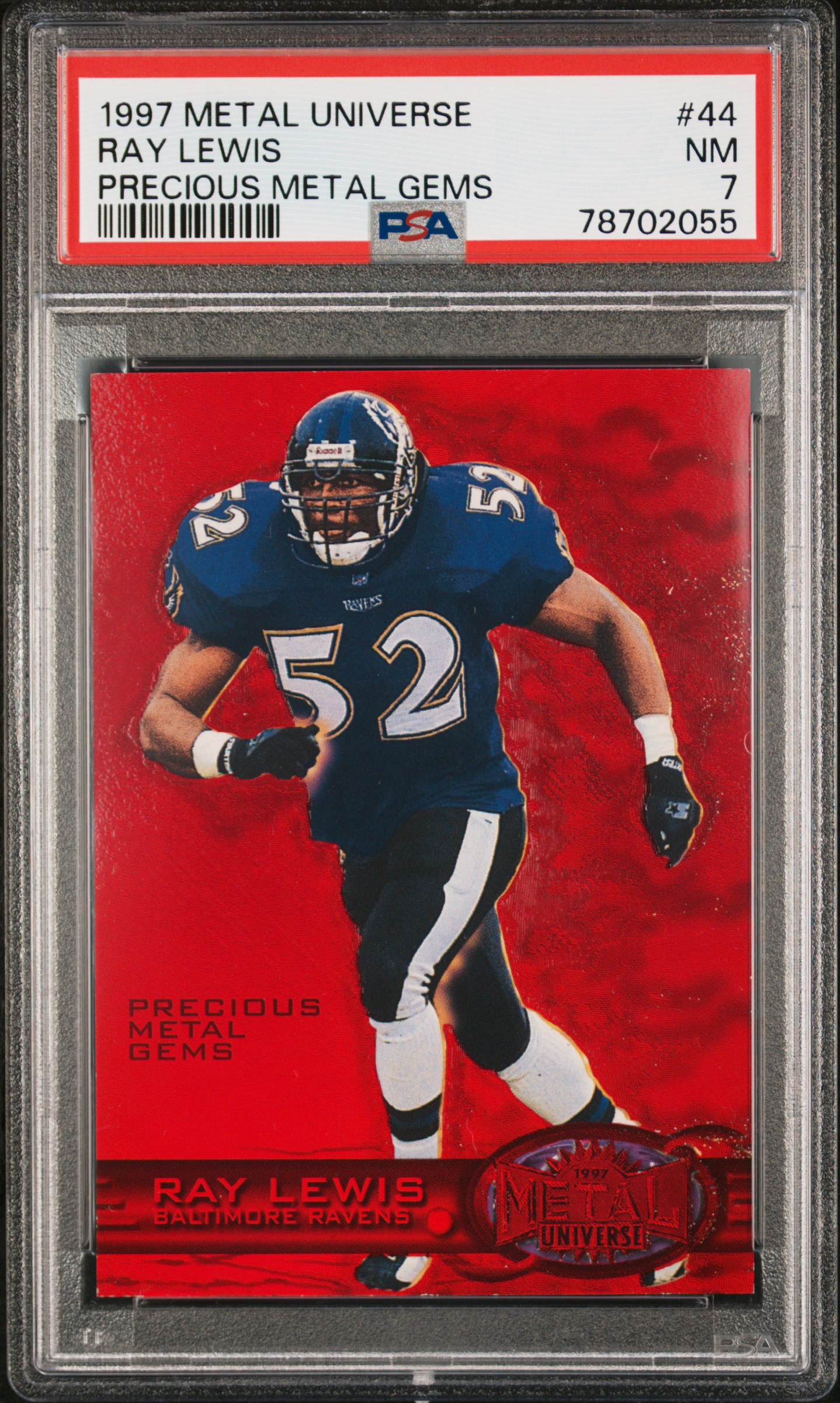 1997 Metal Universe Precious Metal Gems (PMG) #44 Ray Lewis (#084/150) - PSA NM 7