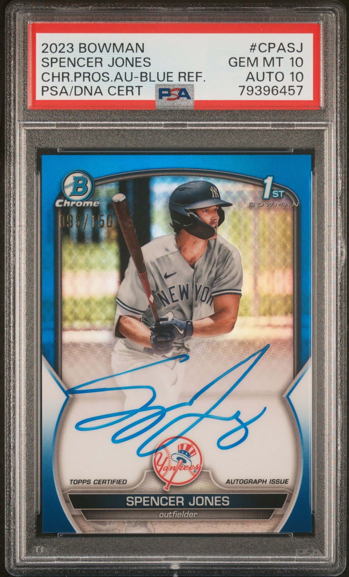 2023 Bowman BOWMAN CHROME PROSPECT AUTOGRAPHS CHR.PROS.AU-BLUE REF.CertificationPrimary Signer (1 Signer)SPENCER JONES #CPASJ Spencer Jones front